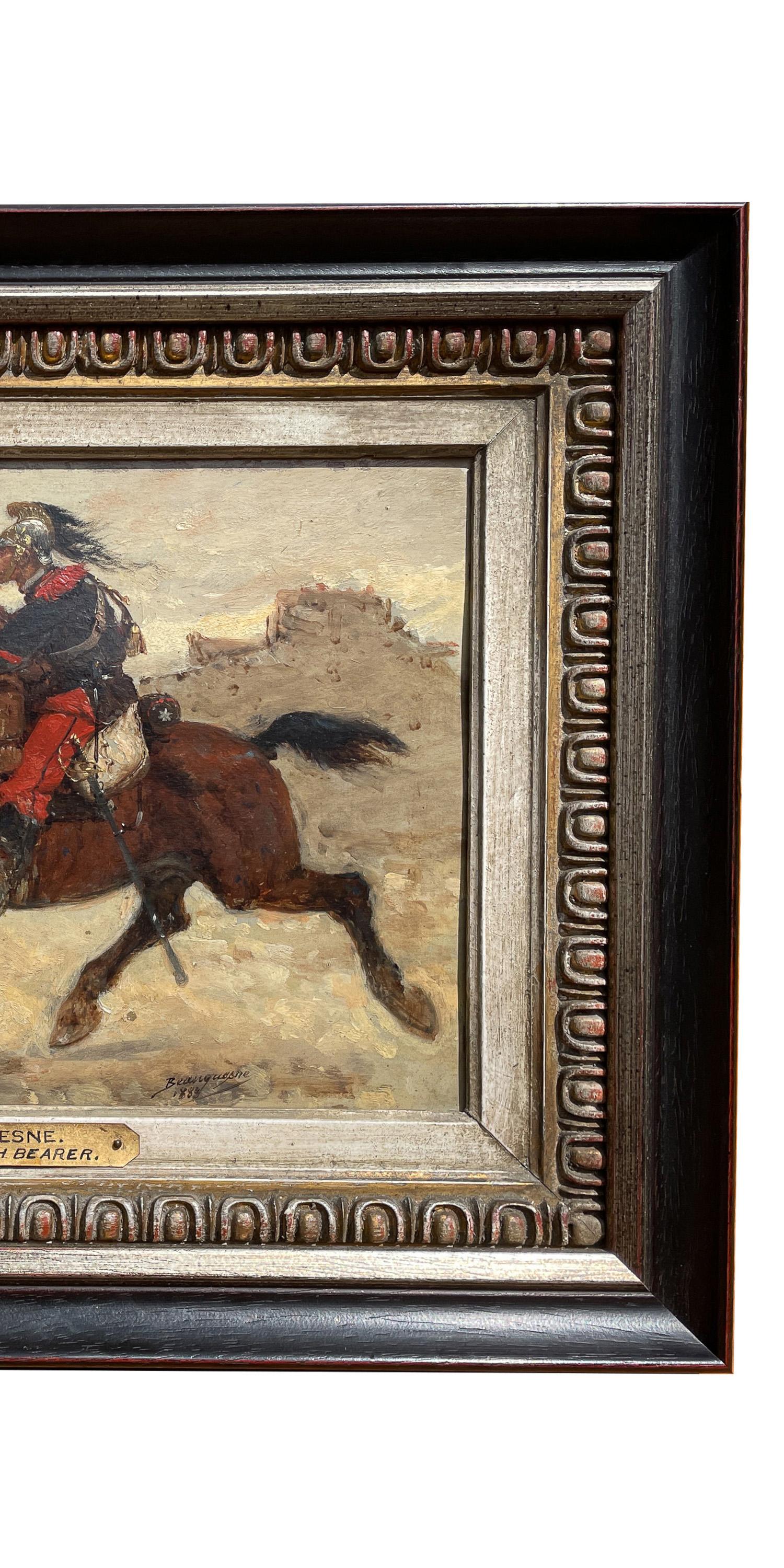 Antique French Oil Painting Army Cavarly Soldier Horse Military Despatch Bearer en venta 1