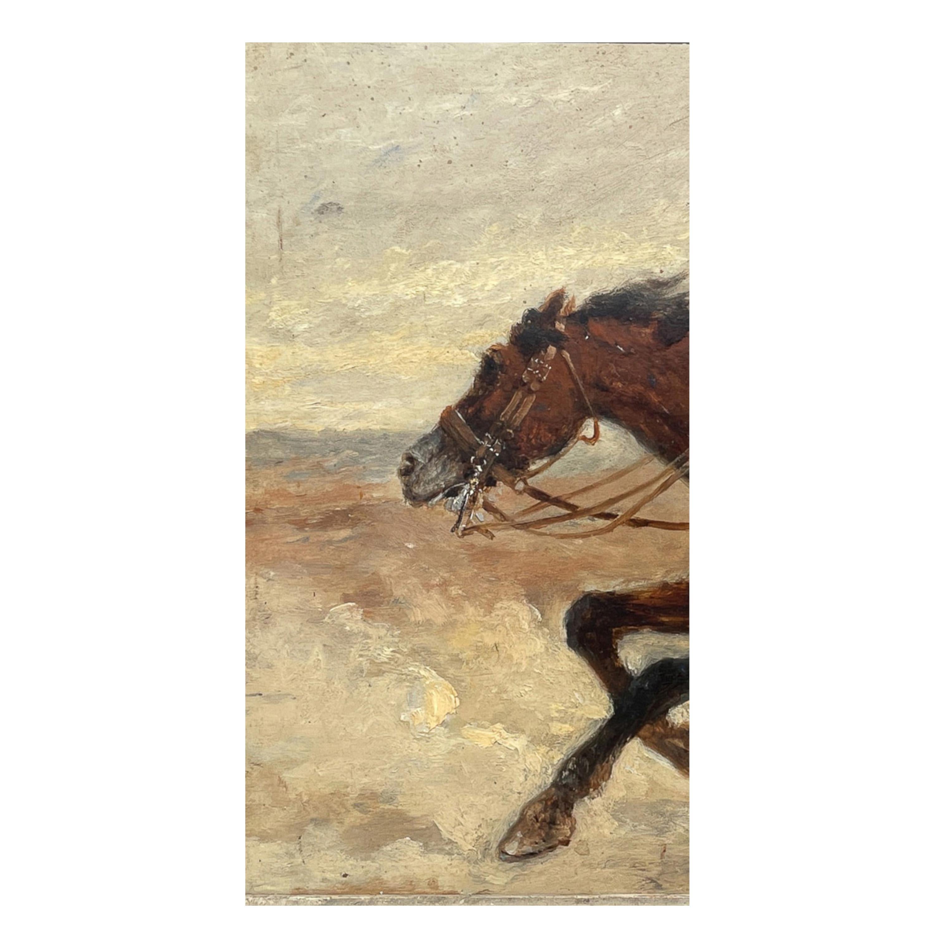 Antique French Oil Painting Army Cavarly Soldier Horse Military Despatch Bearer en venta 2