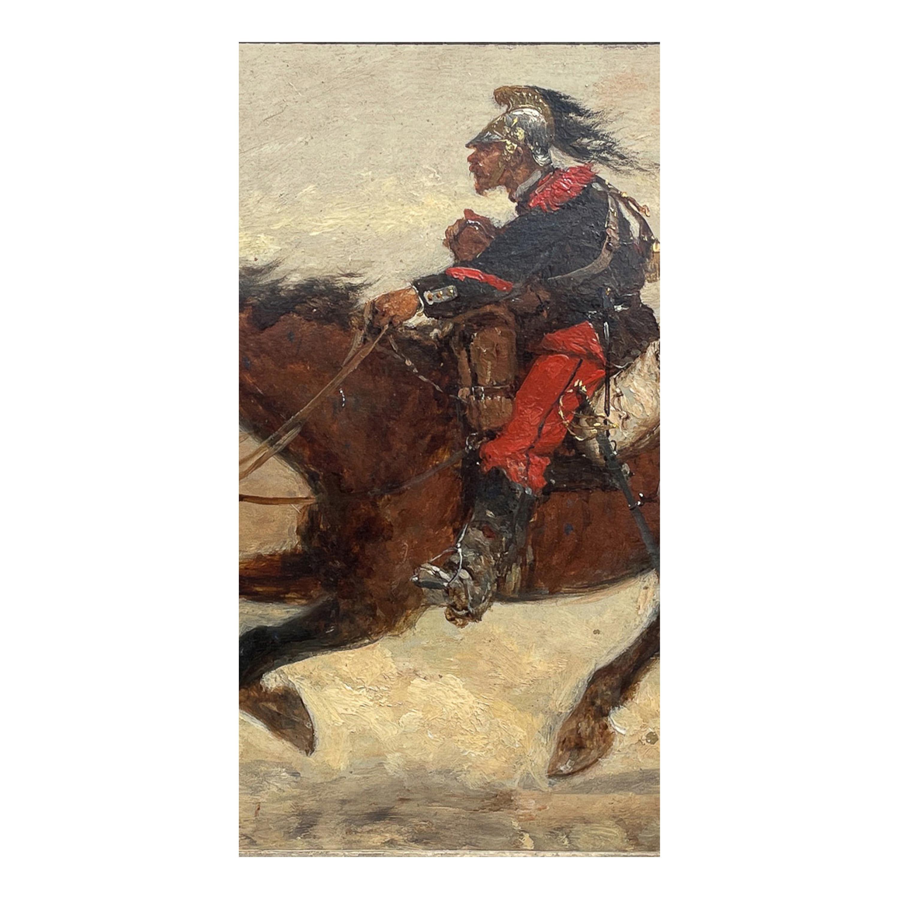 Antique French Oil Painting Army Cavarly Soldier Horse Military Despatch Bearer en venta 3