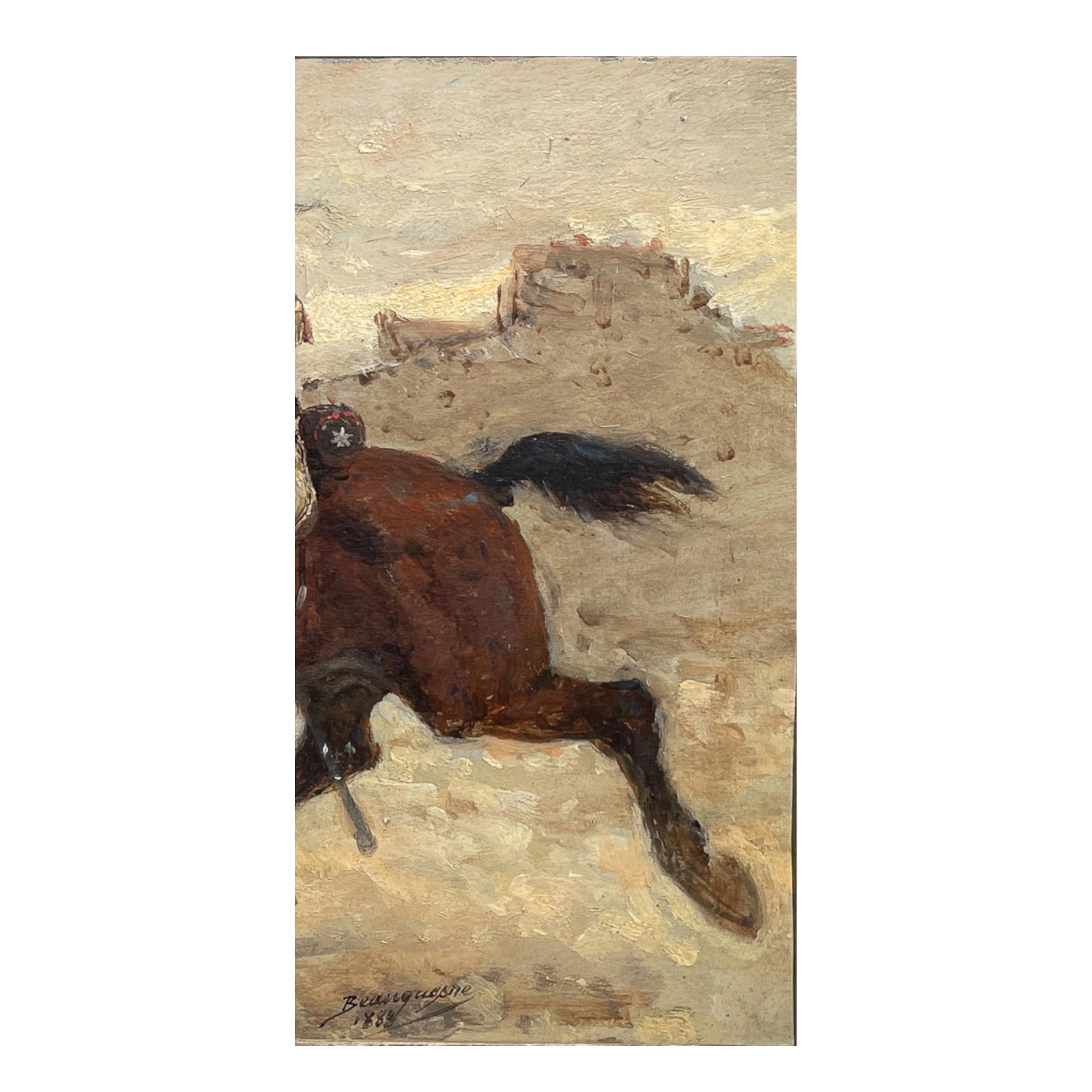 Antique French Oil Painting Army Cavarly Soldier Horse Military Despatch Bearer en venta 4