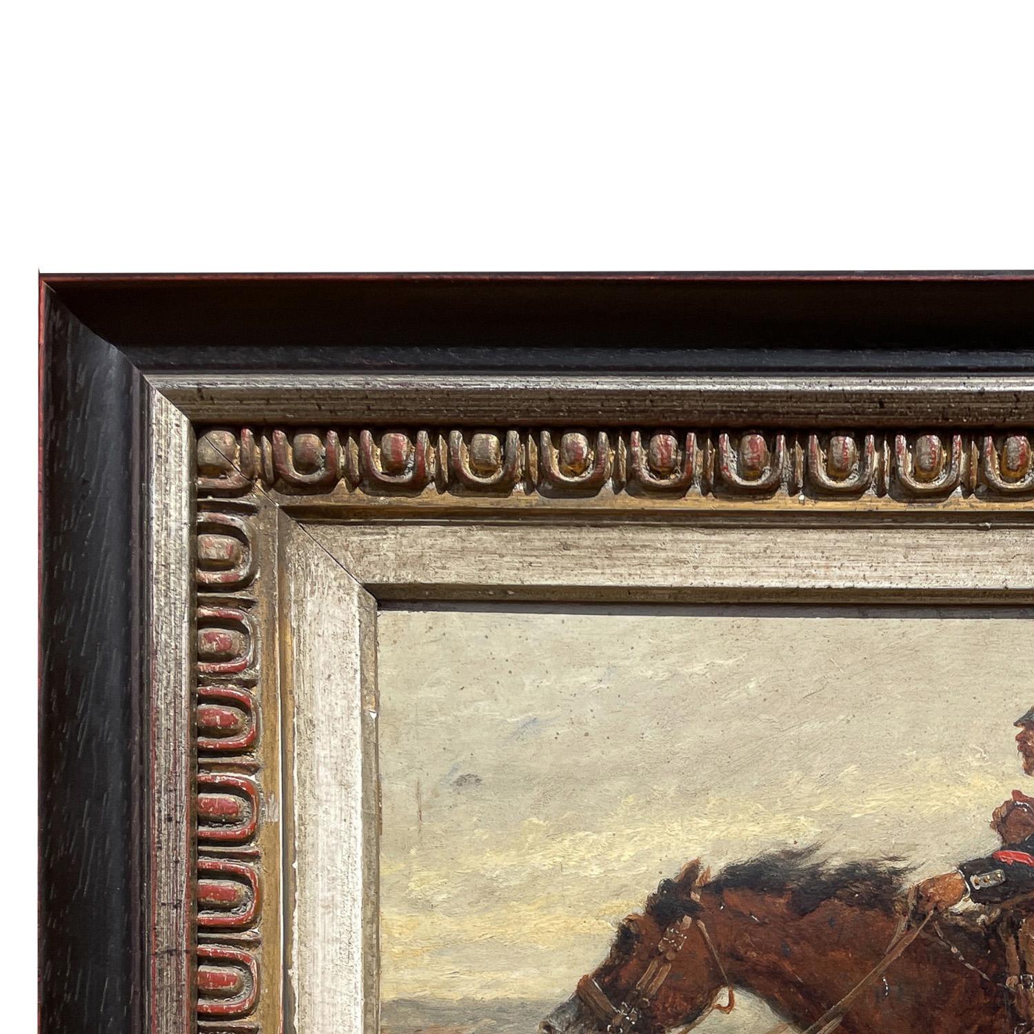 Antique French Oil Painting Army Cavarly Soldier Horse Military Despatch Bearer en venta 5