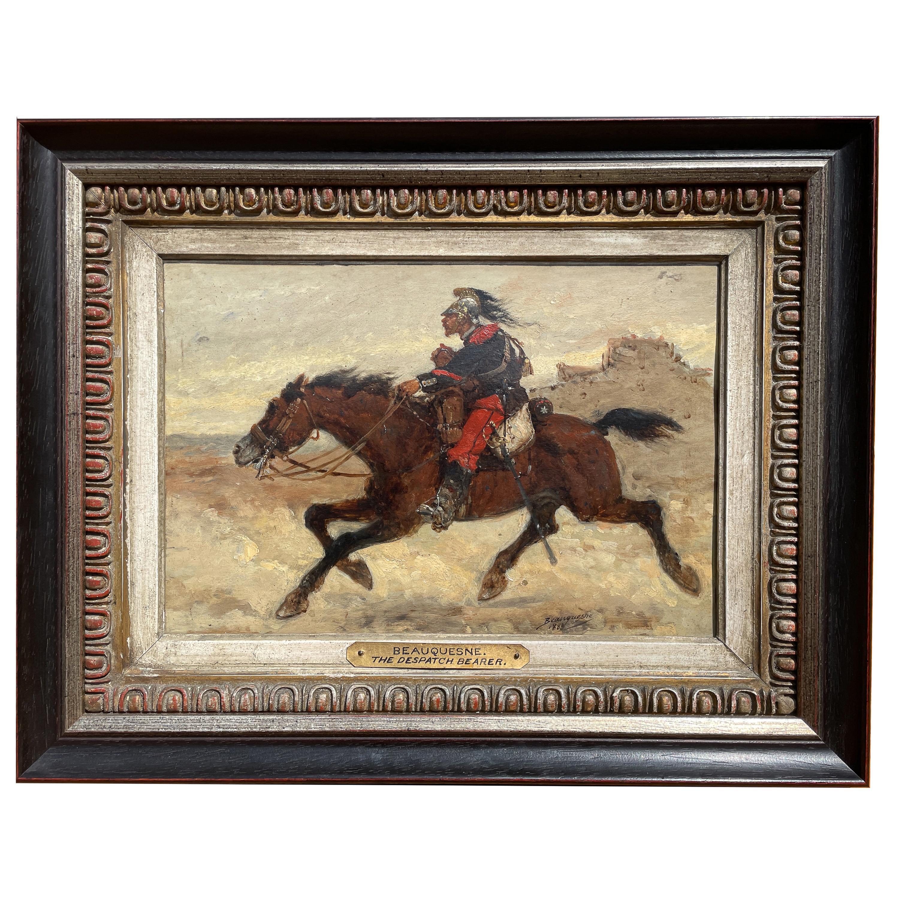 Figurative Painting de Wilfrid Constant Beauquesne - Antique French Oil Painting Army Cavarly Soldier Horse Military Despatch Bearer
