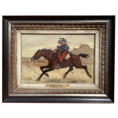 Antique French Oil Painting Army Cavarly Soldier Horse Military Despatch Bearer