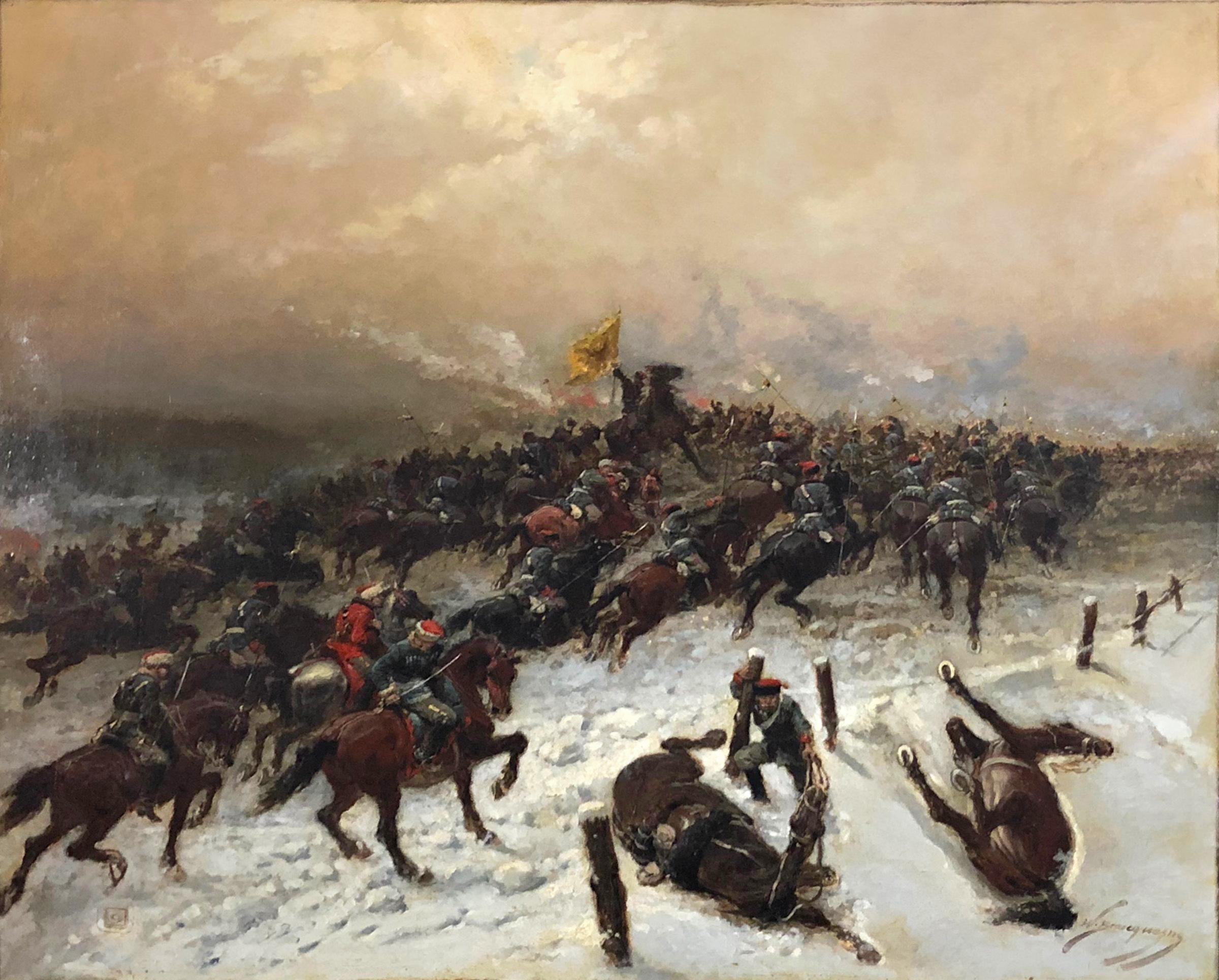 Franco-Prussian Battle Scene - Painting by Wilfrid Constant Beauquesne