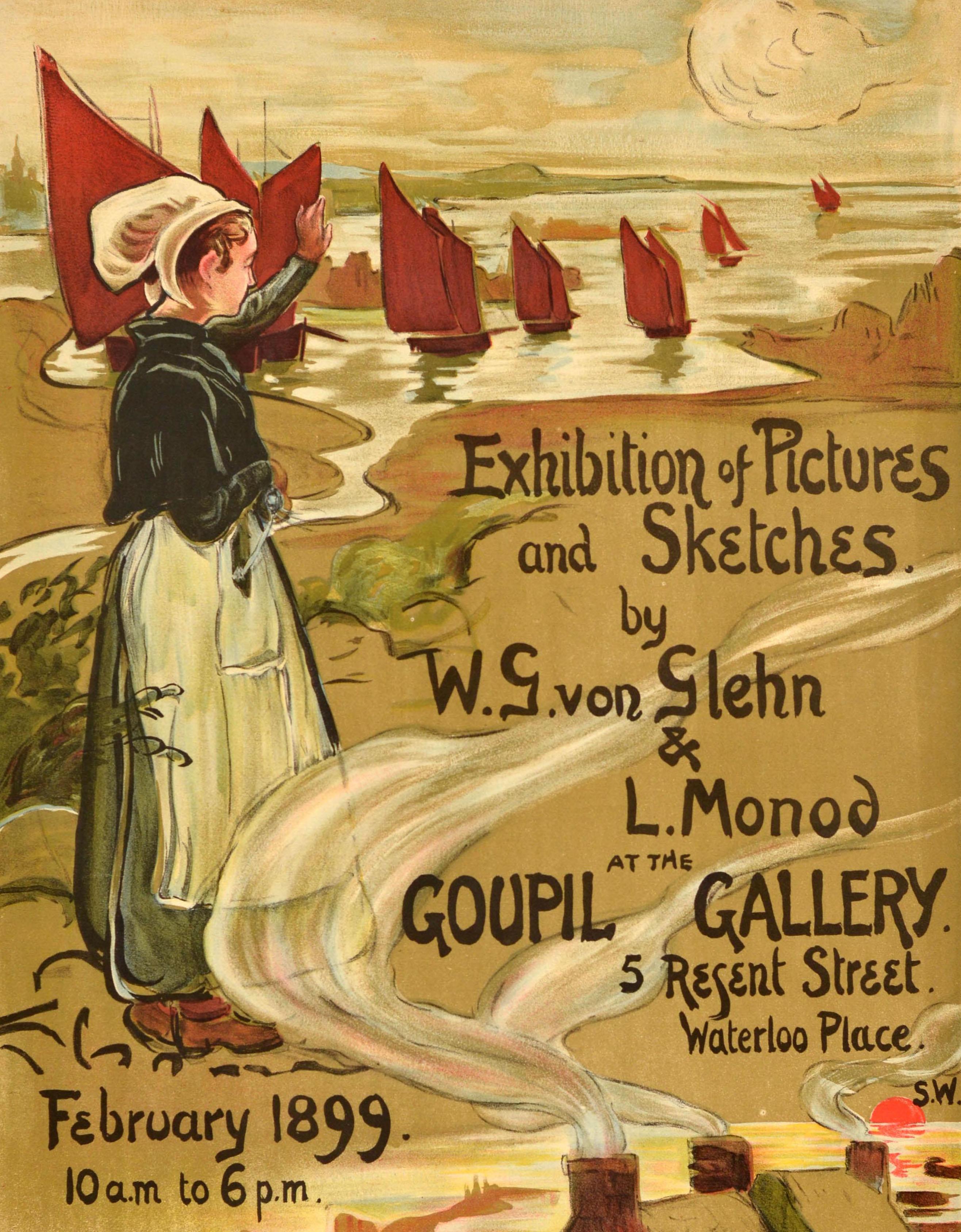 Original Antique Advertising Poster Wilfrid De Glehn Artwork Exhibition Goupil - Print by Wilfrid Gabriel de Glehn