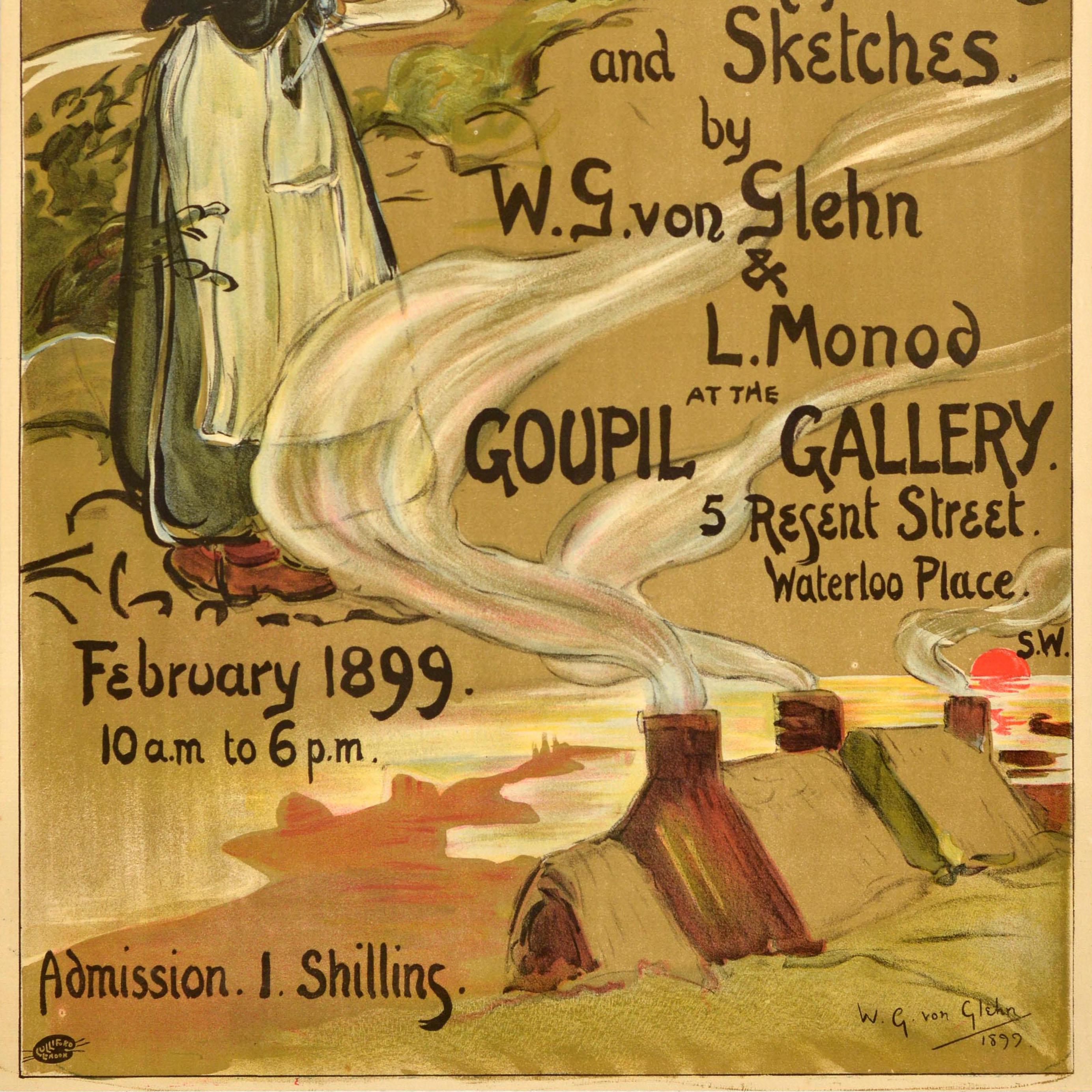 Original antique advertising poster for an Exhibition of Pictures and Sketches by W.G. von Glehn & L. Monod at the Goupil Gallery 5 Regent Street Waterloo Place in London held in February 1899 featuring artwork by the English painter Wilfrid de