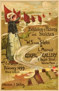 Original Antikes Werbeplakat Wilfrid De Glehn, Kunstwerk-Ausstellung Goupil, Original