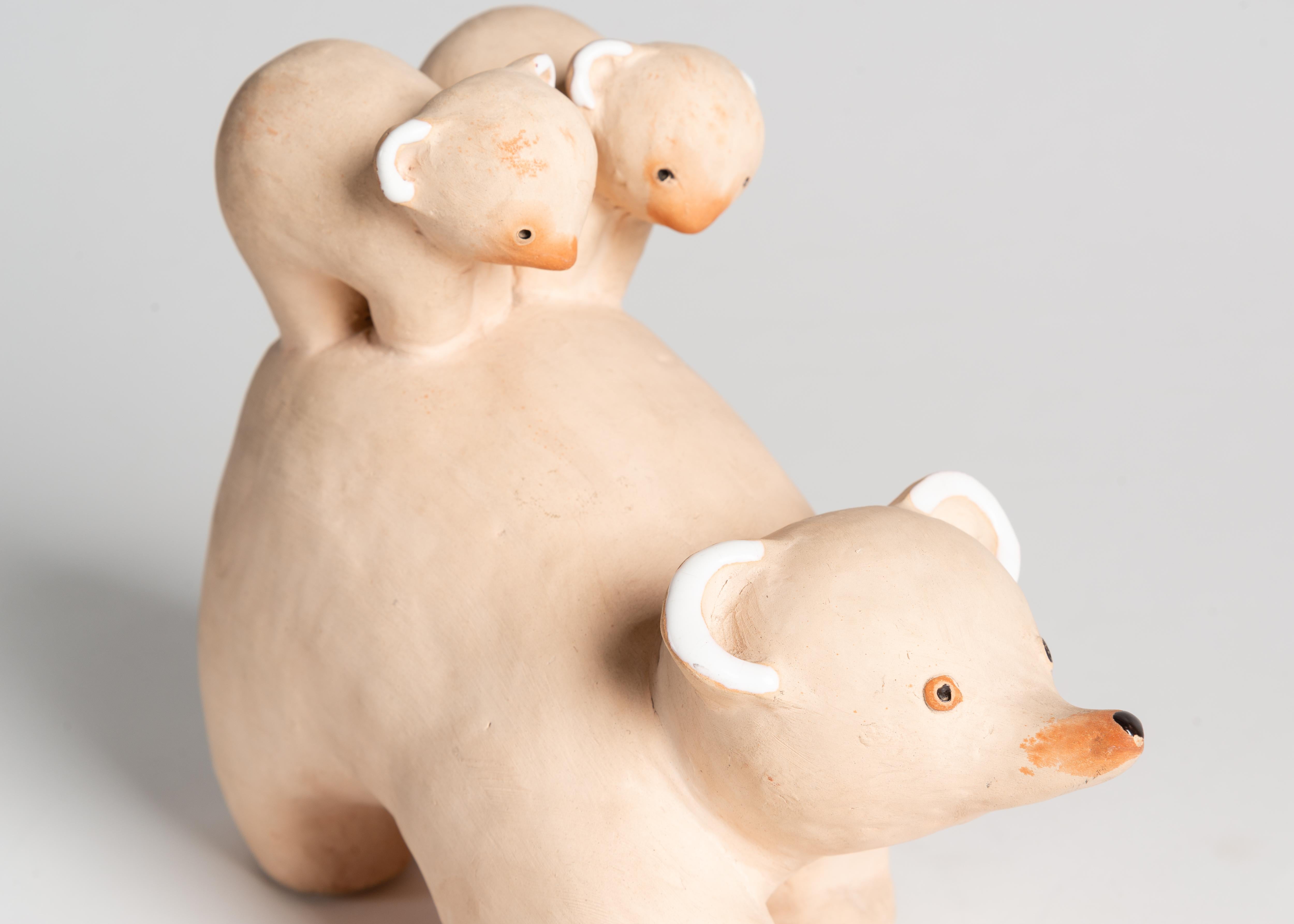 French Wilfrid Prost, Ceramic Sculpture of a Bear with Two Cubs, France, circa 1940 For Sale