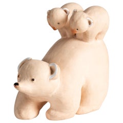 Vintage Wilfrid Prost, Ceramic Sculpture of a Bear with Two Cubs, France, circa 1940