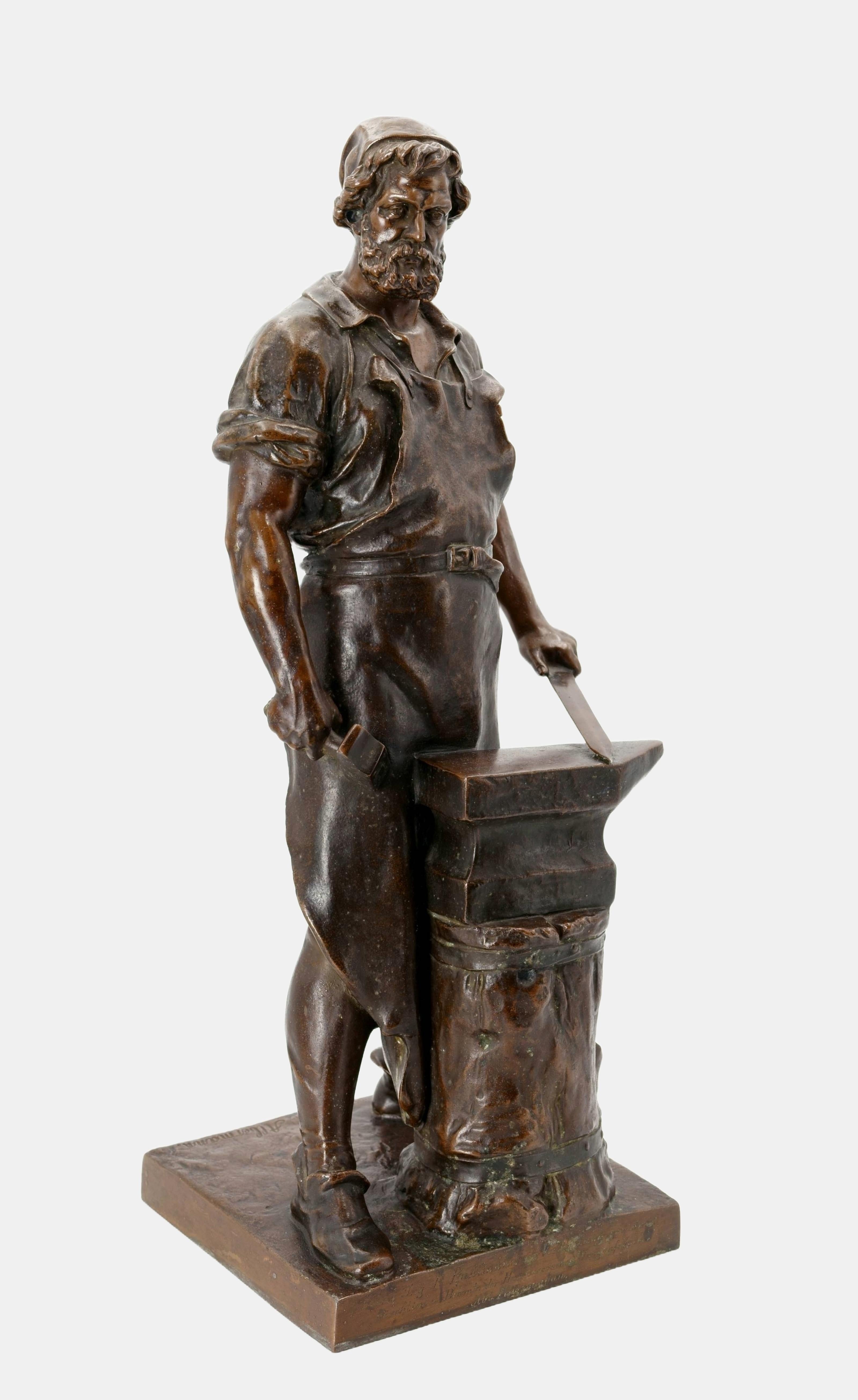 Wilhelm Albermann (1835 Werden an der Ruhr - 1913 Colonia), El herrero de Solingen, después de 1895. Fundición de zinc patinado en color bronce sobre zócalo, 47 cm (alto) x 20 cm (ancho) x 16 cm (profundidad), peso 5,5 kg. Firmado 