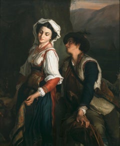 1890 British German Romantic Oil Painting Italian Scene Shepherd and Girl Signed