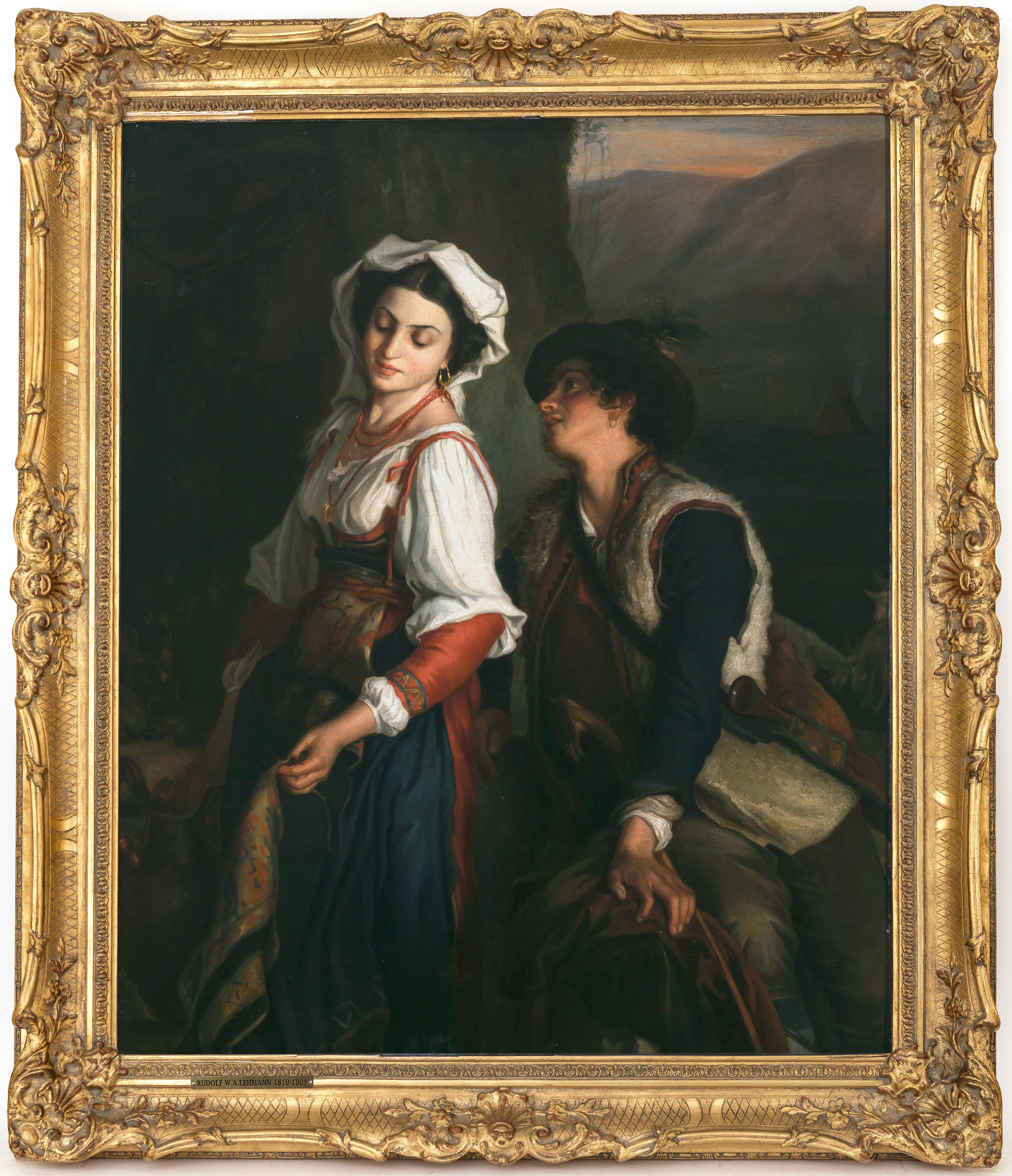 1890 British German Romantic Oil Painting Italian Scene Shepherd and Girl Signed