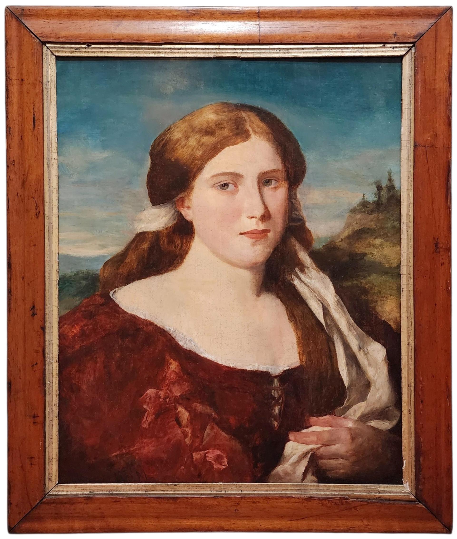 Portrait of Young Woman with Red Hair in a Red Dress with White Scarf, German
