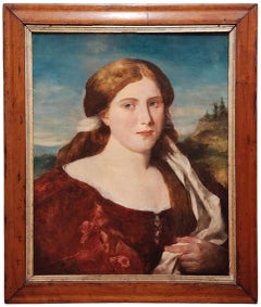 Portrait of Young Woman with Red Hair in a Red Dress with White Scarf, German