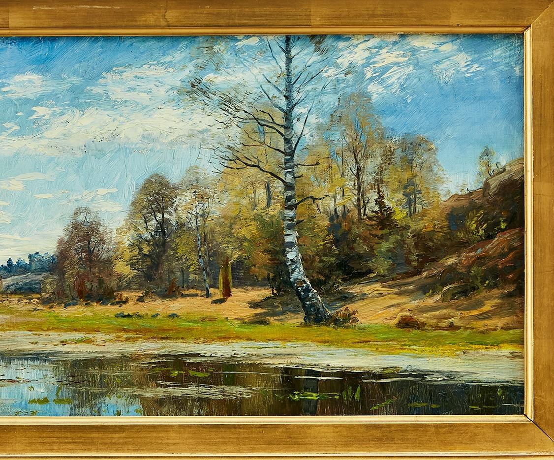 Paysage avec lac, représentant l'automne. Huile sur toile. Peint en 1887 - Painting de WILHELM EMANUEL BEHM