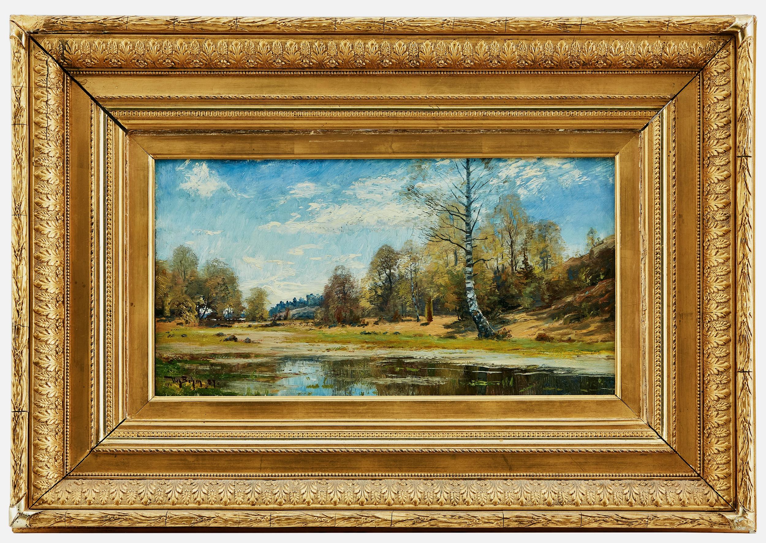 Paysage avec lac, représentant l'automne. Huile sur toile. Peint en 1887 - Réalisme Painting par WILHELM EMANUEL BEHM