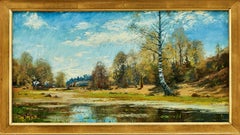 Landschaft mit See, die den Herbst darstellt. Öl auf Leinwand. Gemalt 1887