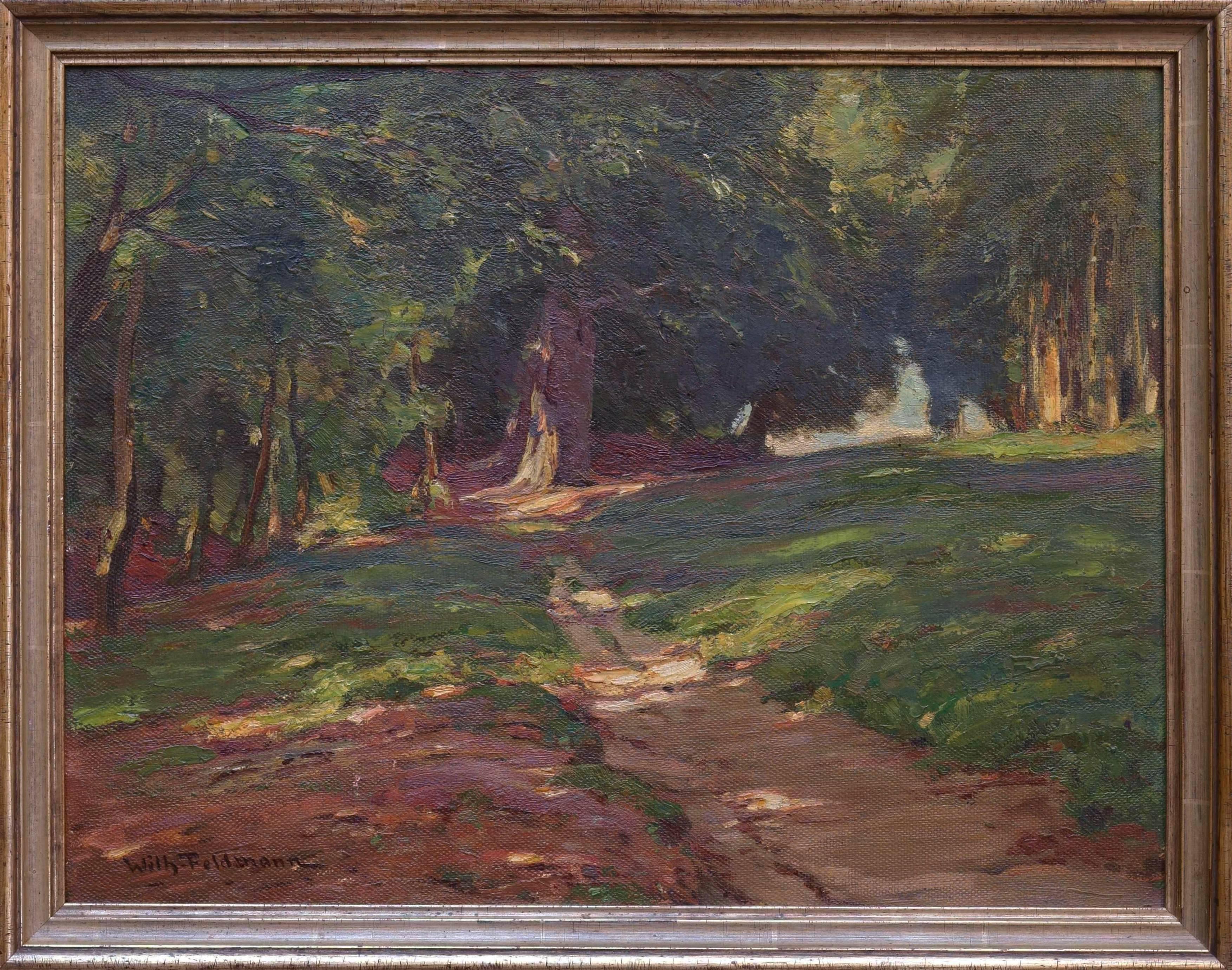 Forest landscape bathed in sunlight / - The Monumentality of the Forest - (Impressionismus), Painting, von Wilhelm Feldmann