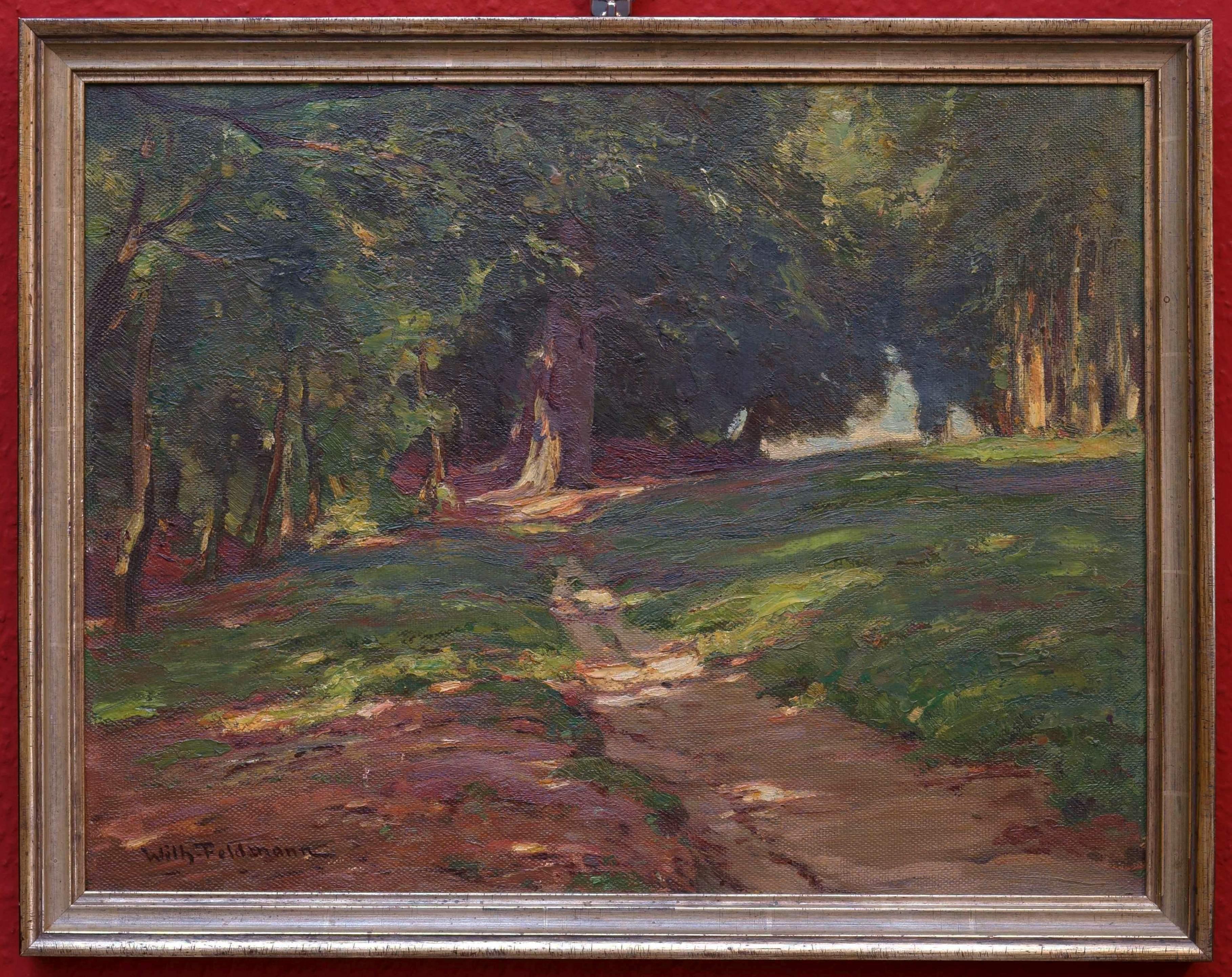 Forest landscape bathed in sunlight / - The Monumentality of the Forest - (Schwarz), Landscape Painting, von Wilhelm Feldmann