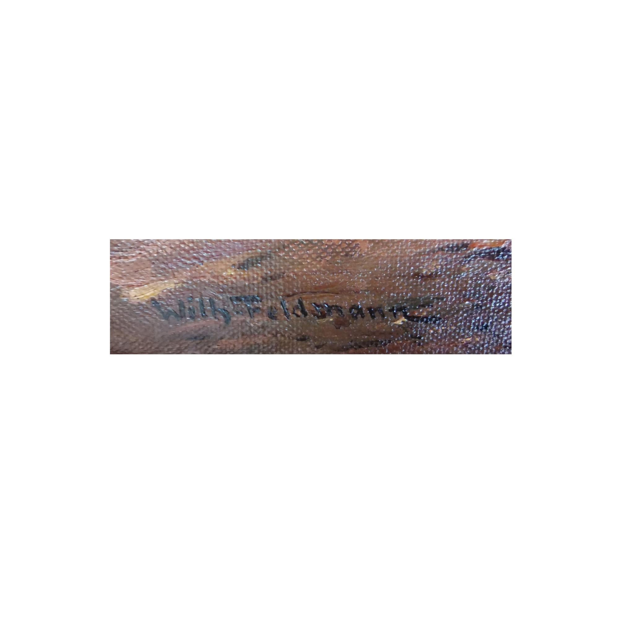 Wilhelm Feldmann (1859 Lüneburg - 1932 Lübeck), Sonnige Waldlandschaft, um 1900. Öl auf Leinwand, auf Holz marmoriert, 37 cm x 48 cm (Innenmaß), 42,5 cm x 53,5 cm (Rahmen), links unten signiert 
