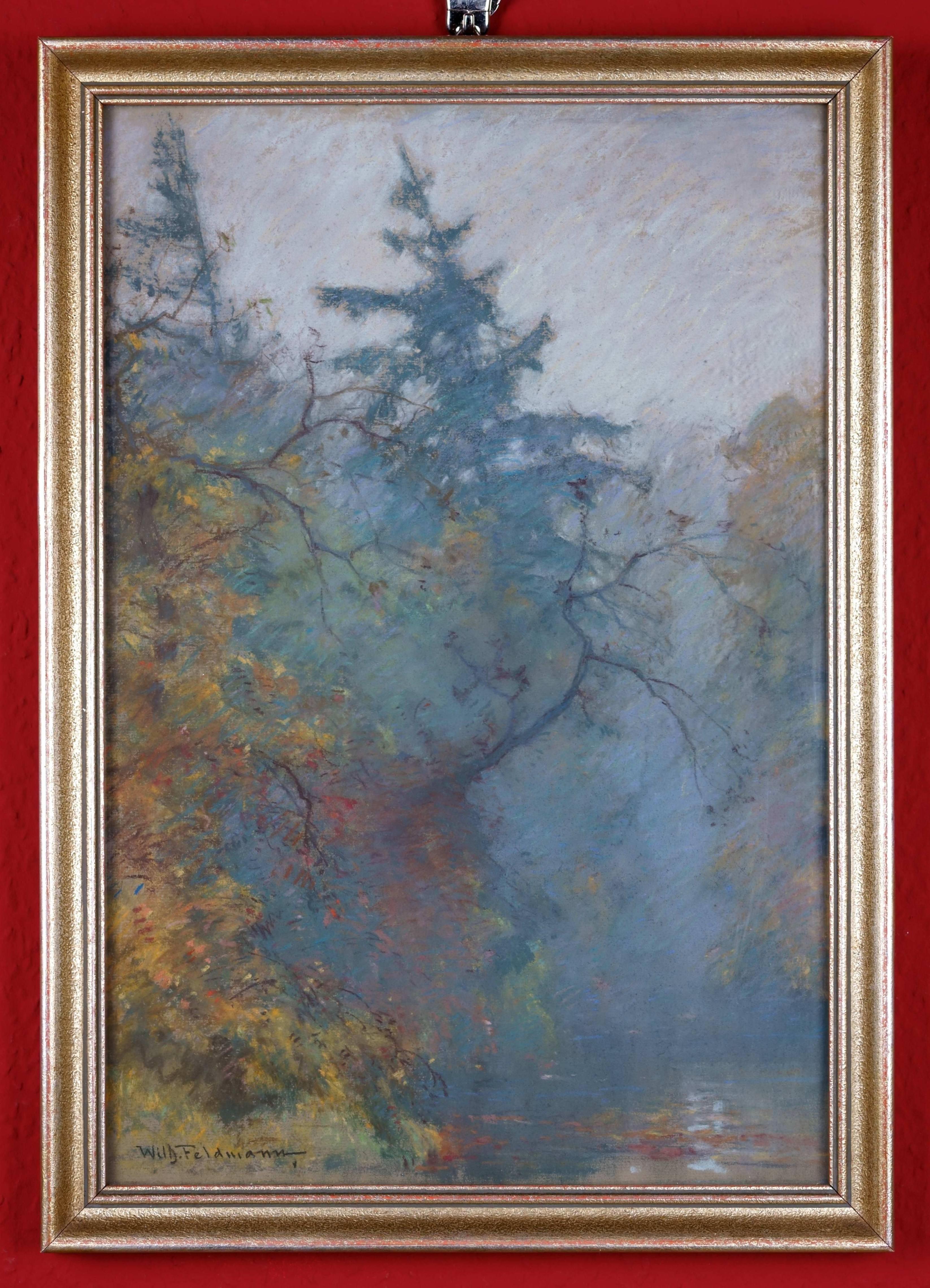 Impressionist Autumn Landscape with Lake / - Diffuse Concretion - (Grau), Landscape Painting, von Wilhelm Feldmann
