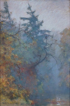 Antique Impressionist Autumn Landscape with Lake / - Diffuse Concretion -