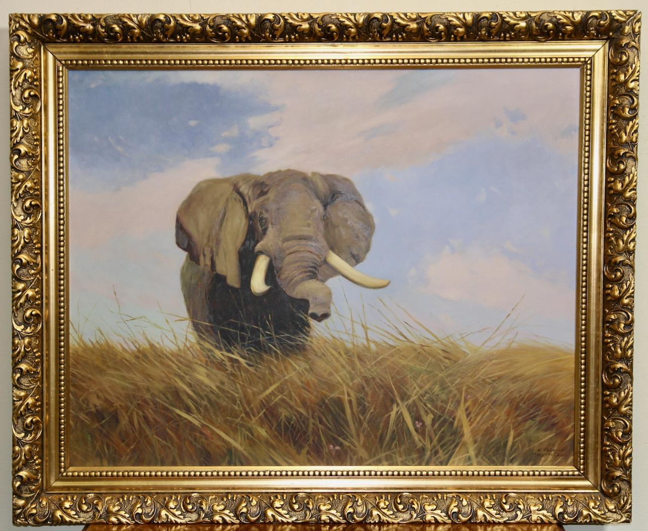 Decorative oil painting after Wilhelm Kuhnert. Safari landscape with elephant.

Dimensions without frame in cm 71.5 x 90.5
Dimensions with frame in cm 88 x 108

Immerse yourself in the majestic world of the African savannah with this remarkable copy