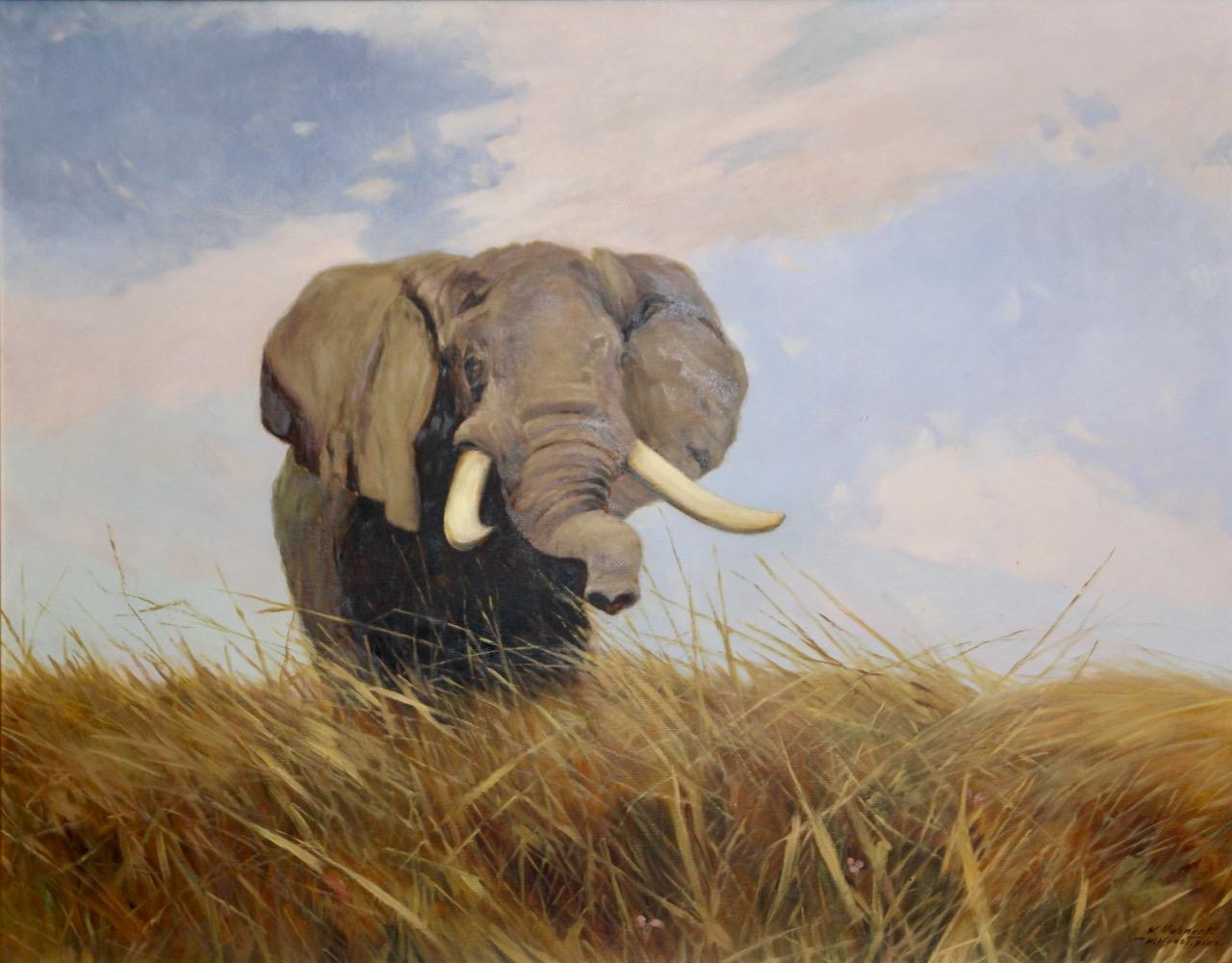 Decorative oil painting after Wilhelm Kuhnert. Safari Landscape with Elephant. For Sale 1