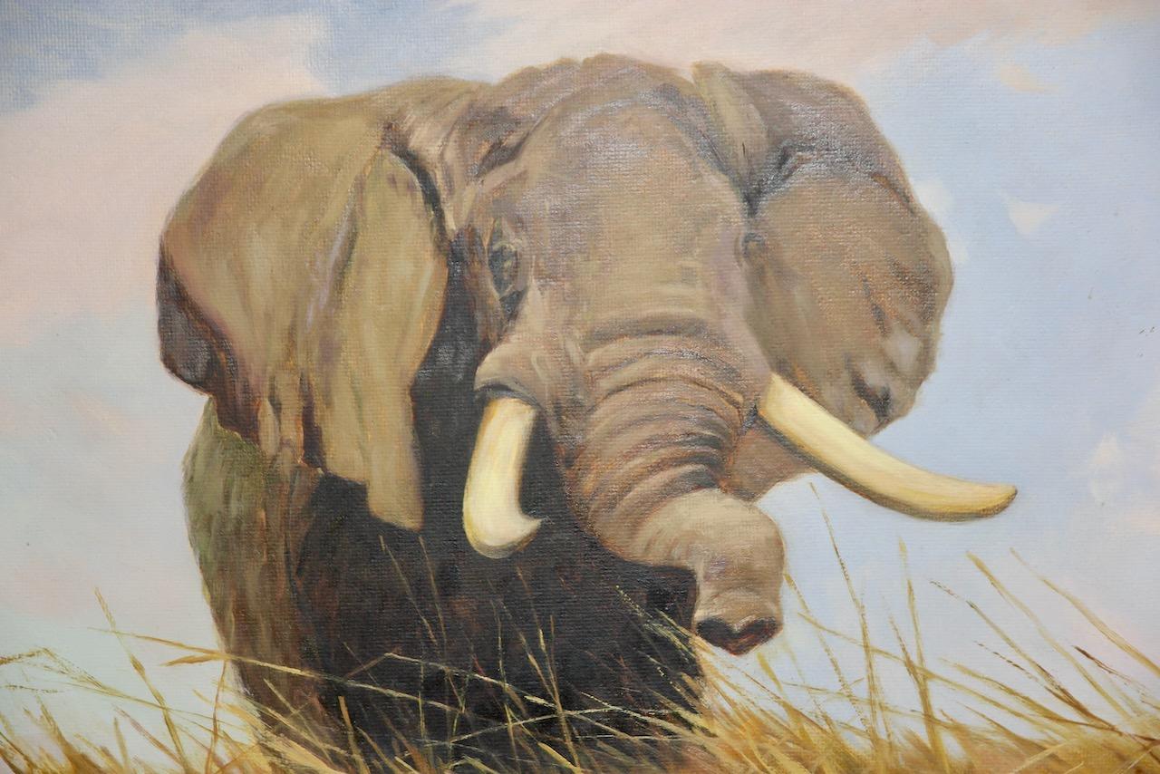 Decorative oil painting after Wilhelm Kuhnert. Safari Landscape with Elephant. For Sale 2