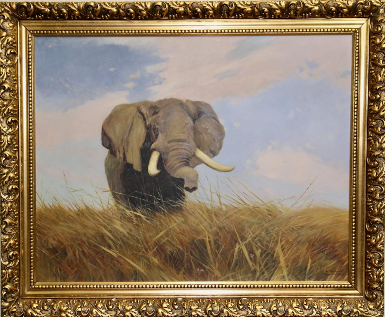 Wilhelm Friedrich Kuhnert Animal Painting - Decorative oil painting after Wilhelm Kuhnert. Safari Landscape with Elephant.