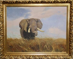 Decorative oil painting after Wilhelm Kuhnert. Safari Landscape with Elephant.