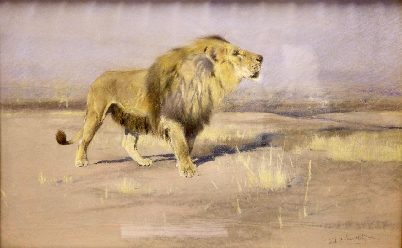 Friedrich Wilhelm Karl Kuhnert, 1900, Majestätsvoll strickender Löwe Afrika Savannah (Beige), Landscape Painting, von Wilhelm Friedrich Kuhnert