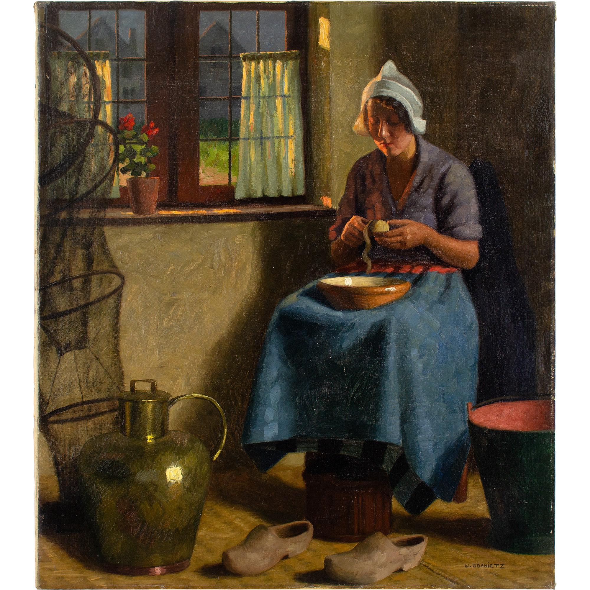 Wilhelm Gdanietz, Interior With Woman Peeling Potatoes, Oil Painting  8