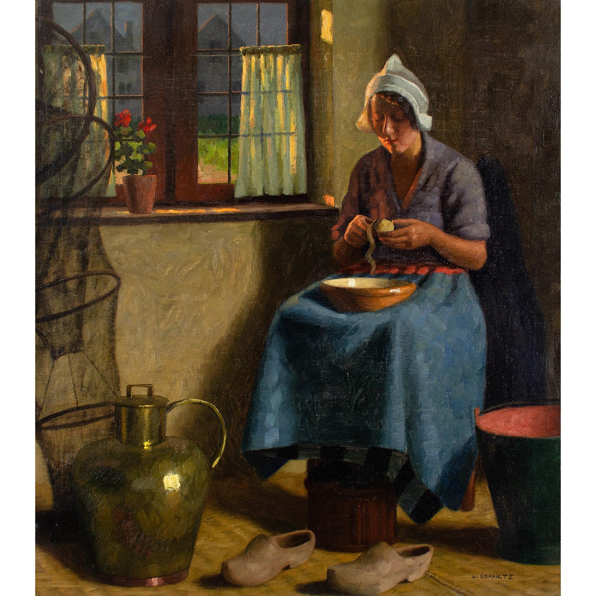 This mid-20th-century oil on canvas by German artist Wilhelm Gdanietz (1893-1969) depicts a woman peeling potatoes within a rustic interior.

Sitting by a window to catch the last of the day’s light, she’s perched on a stool with clogs off. A