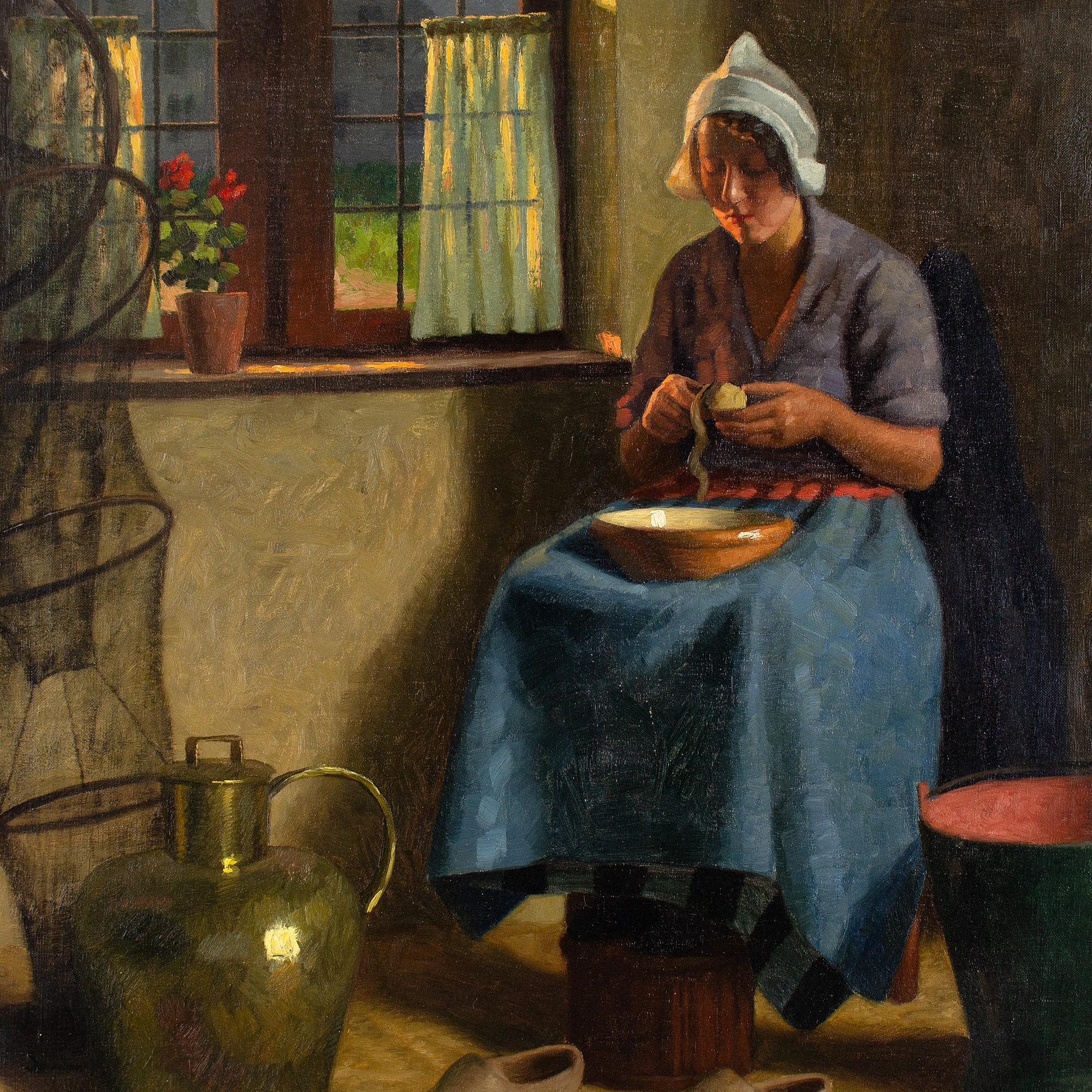 Wilhelm Gdanietz, Interior With Woman Peeling Potatoes, Oil Painting  3