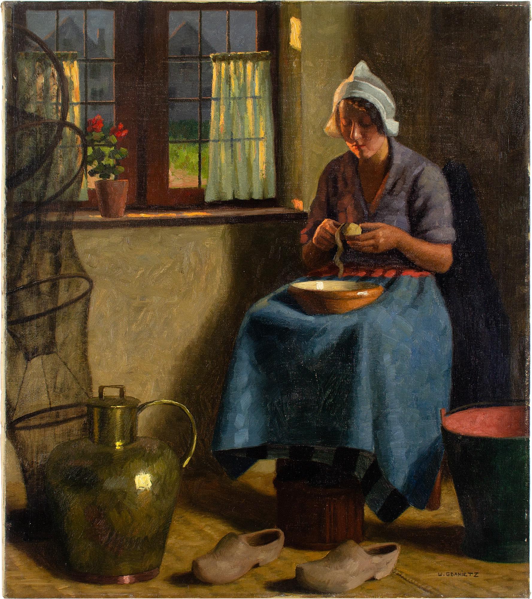 girl peeling potatoes painting