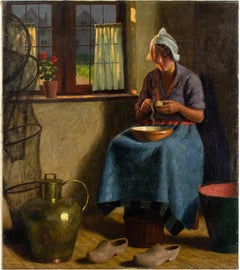 Vintage Wilhelm Gdanietz, Interior With Woman Peeling Potatoes, Oil Painting 