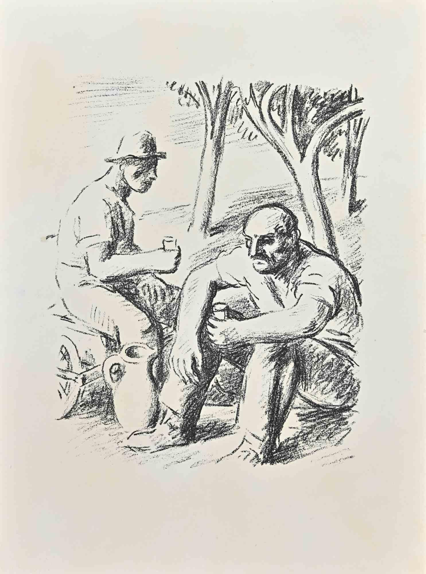 Wilhelm  Gimmi Figurative Print - Farmers - Lithograph by W. Gimmi - 1955 ca.