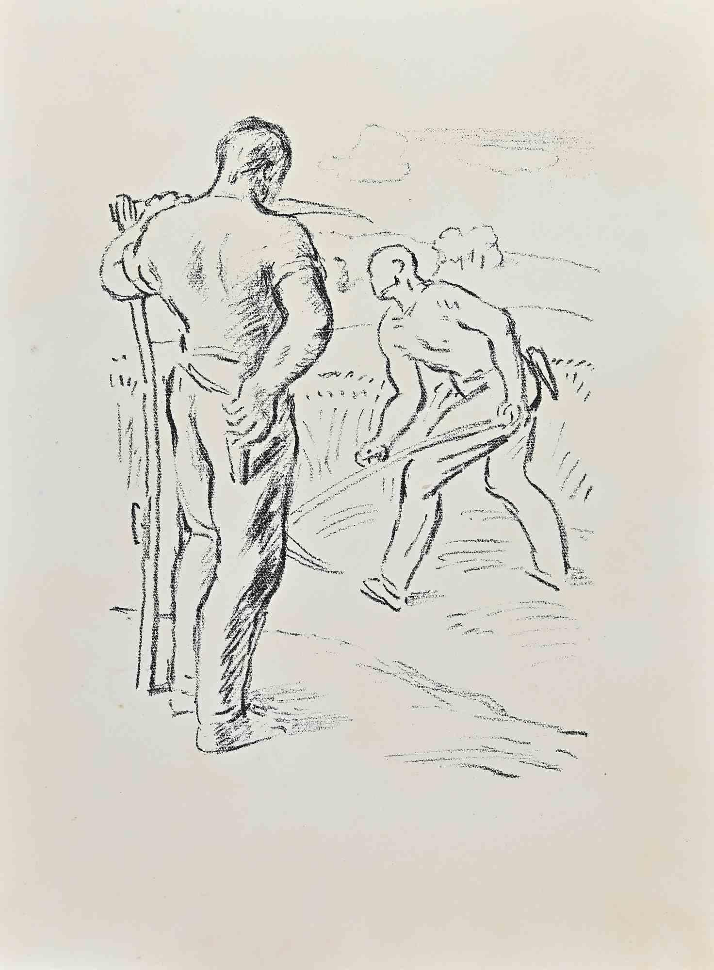 Wilhelm  Gimmi Figurative Print - Farmers - Lithograph by W. Gimmi - 1955 ca.