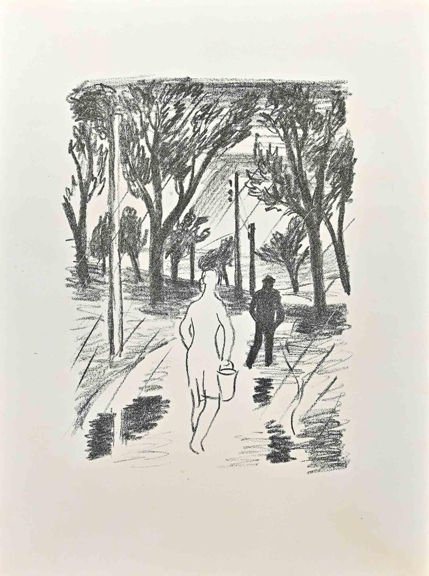 Figurative Print de Wilhelm  Gimmi - Caminando por el bosque -Litografía de W. Gimmi - 1955 ca.