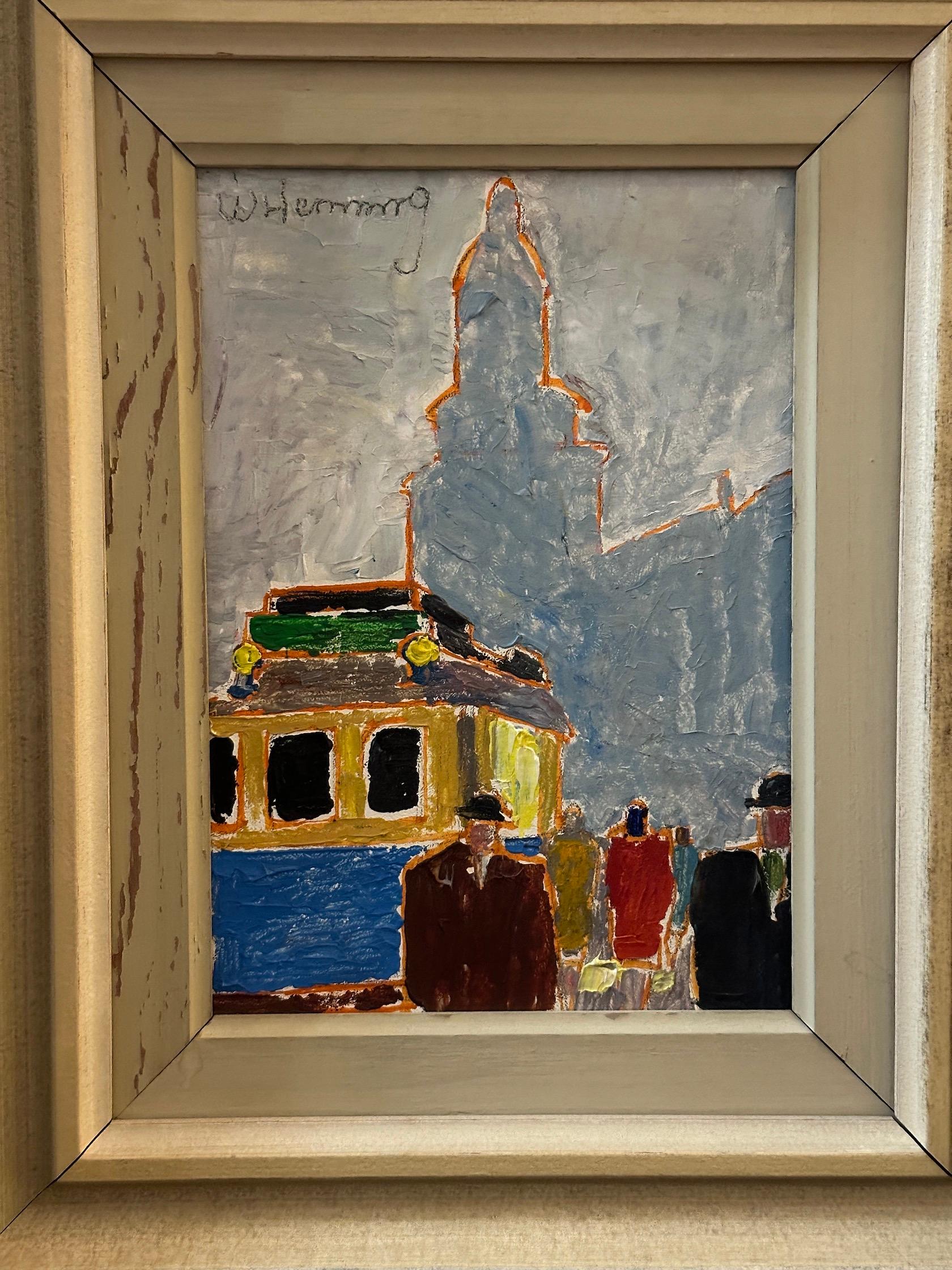Modernist Mitte des Jahrhunderts Schwedische Straßenbahn und Figur Szene in Fauvist Farben – Painting von Wilhelm Henning