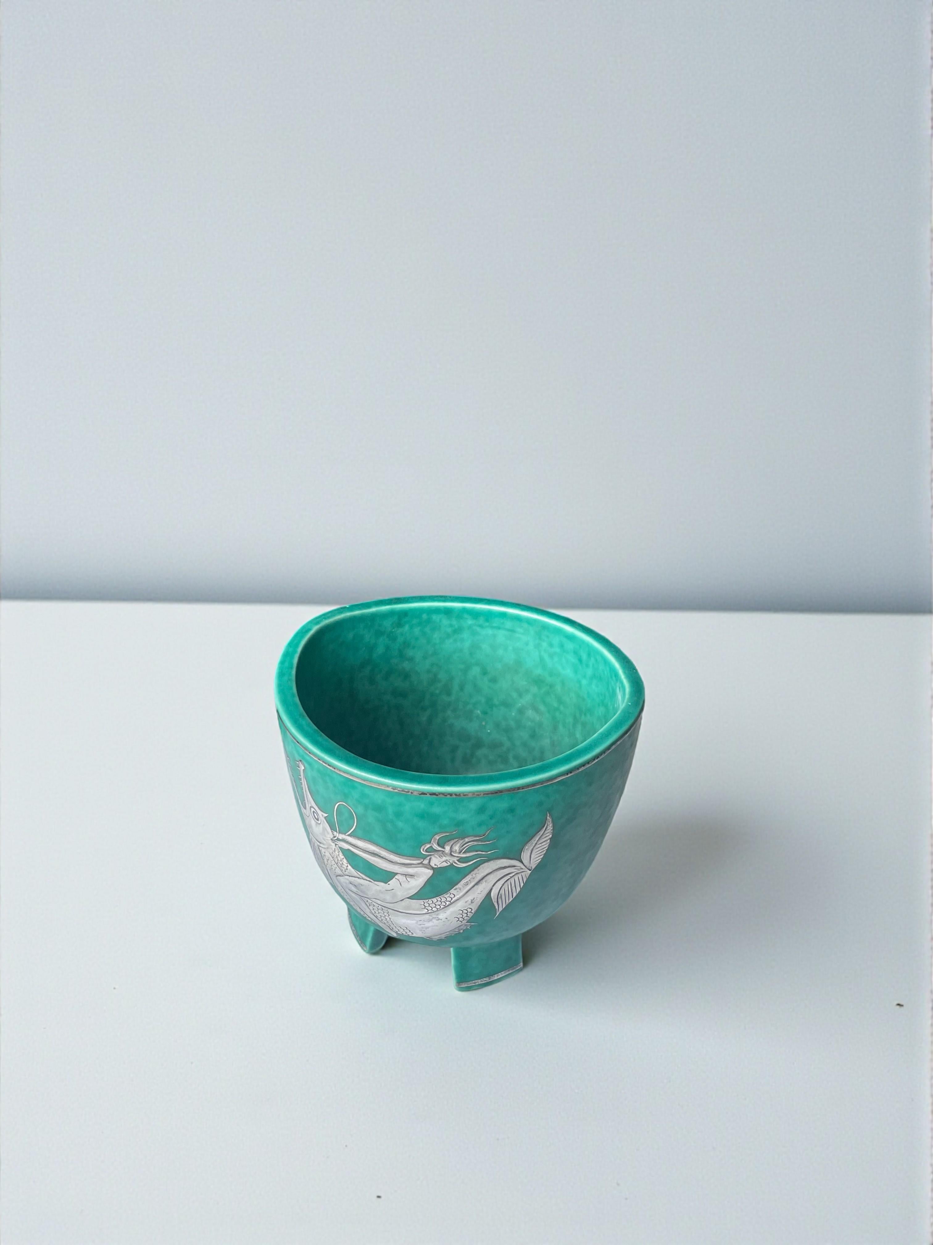 Wilhelm Kåge Argenta Bowl with Silver Fish Relief, Gustavsberg