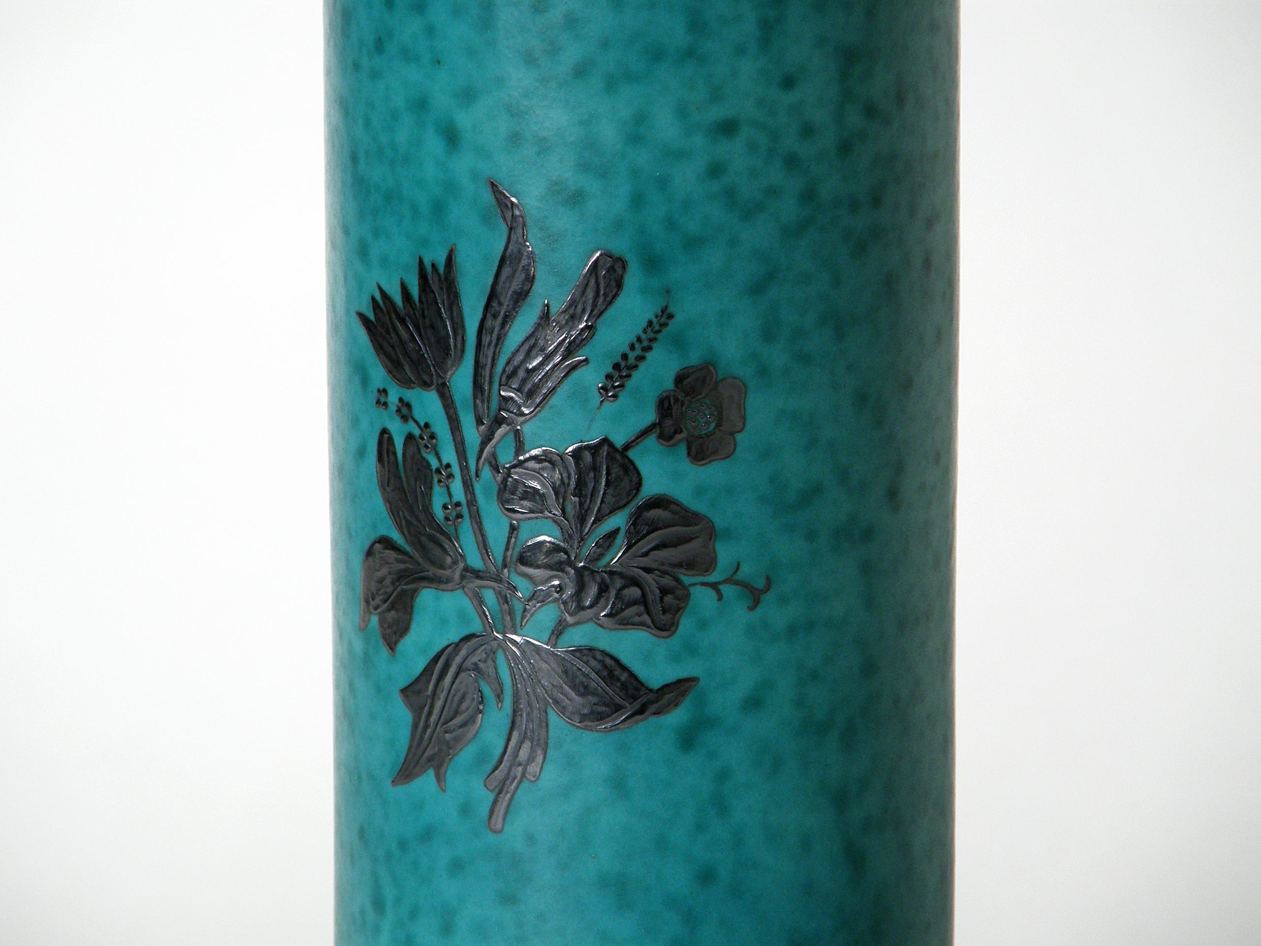Swedish Wilhelm Kåge Argenta Ceramic Vase for Gustavsberg with Silver Floral Overlay