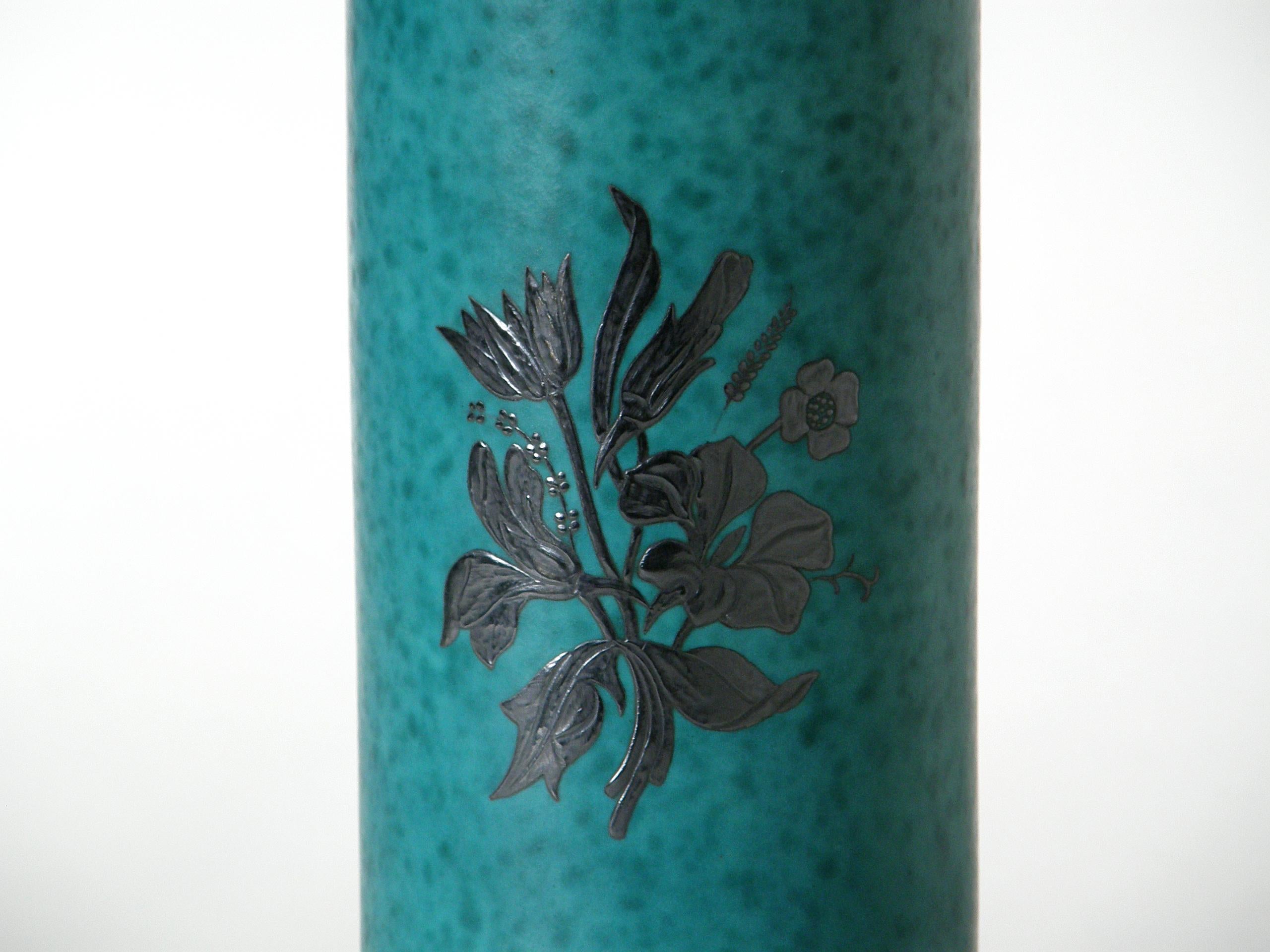 Glazed Wilhelm Kåge Argenta Ceramic Vase for Gustavsberg with Silver Floral Overlay