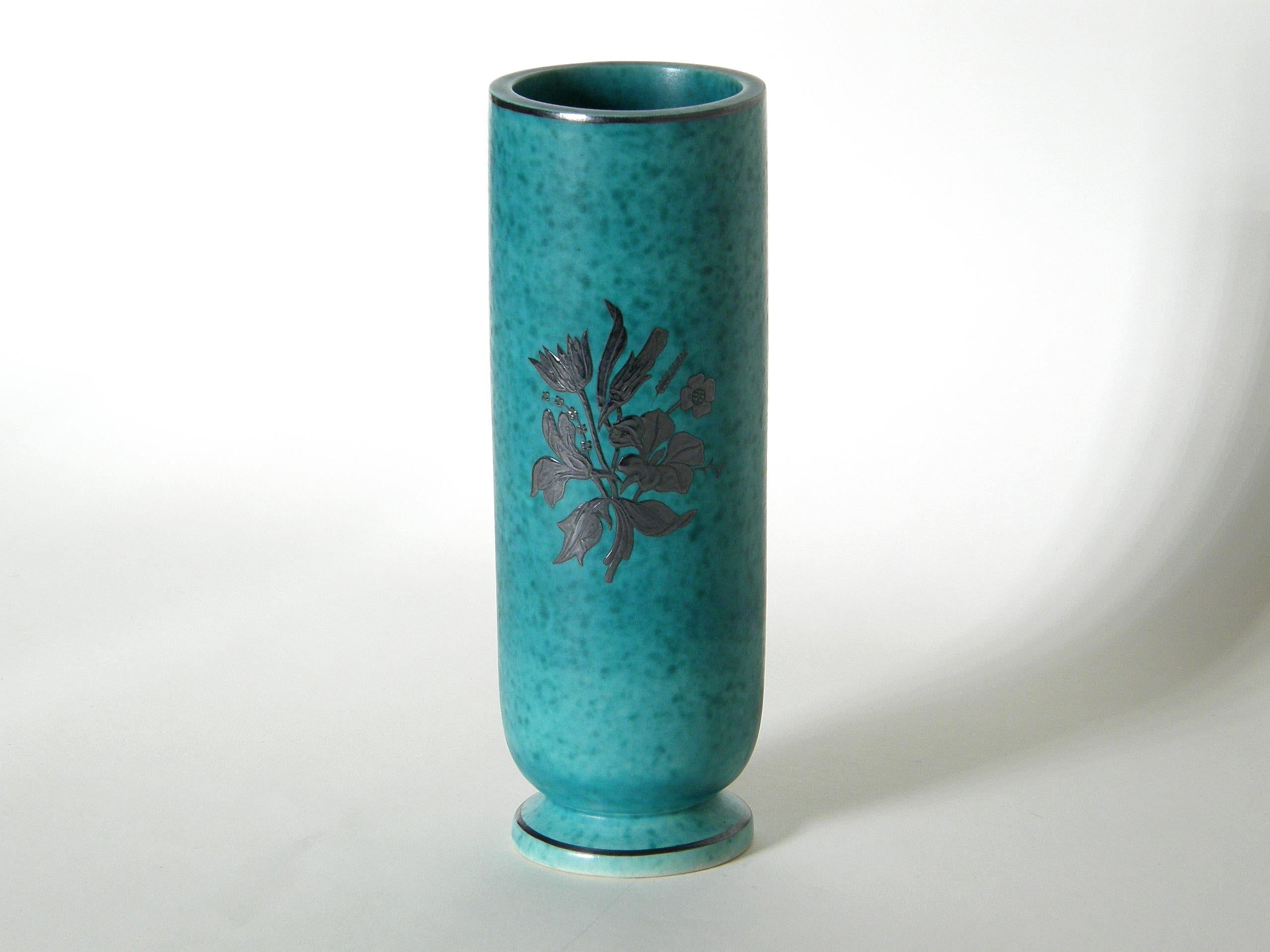 20th Century Wilhelm Kåge Argenta Ceramic Vase for Gustavsberg with Silver Floral Overlay
