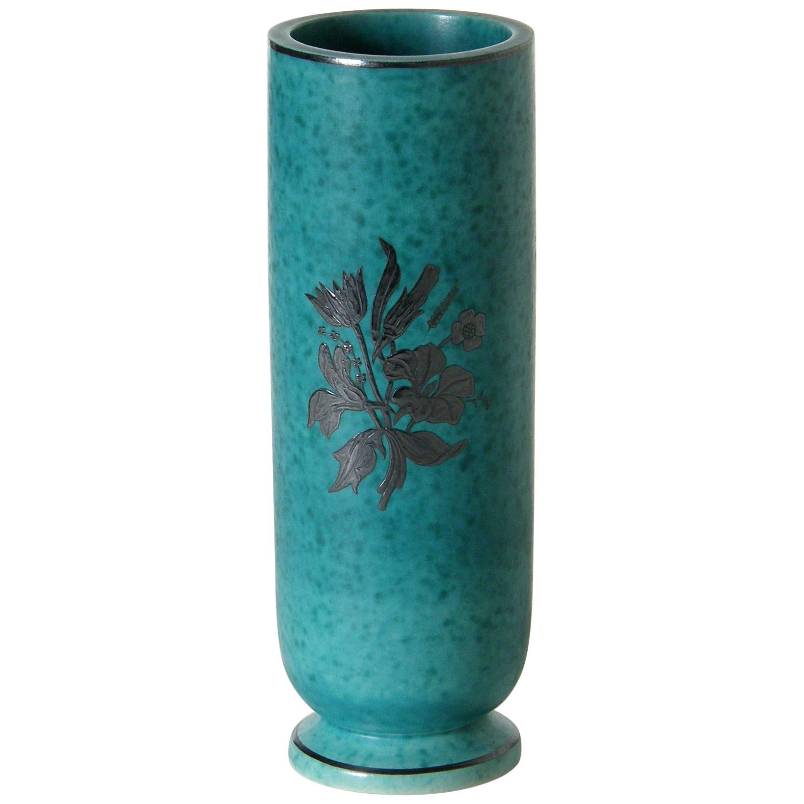 Wilhelm Kåge Argenta Ceramic Vase for Gustavsberg with Silver Floral Overlay
