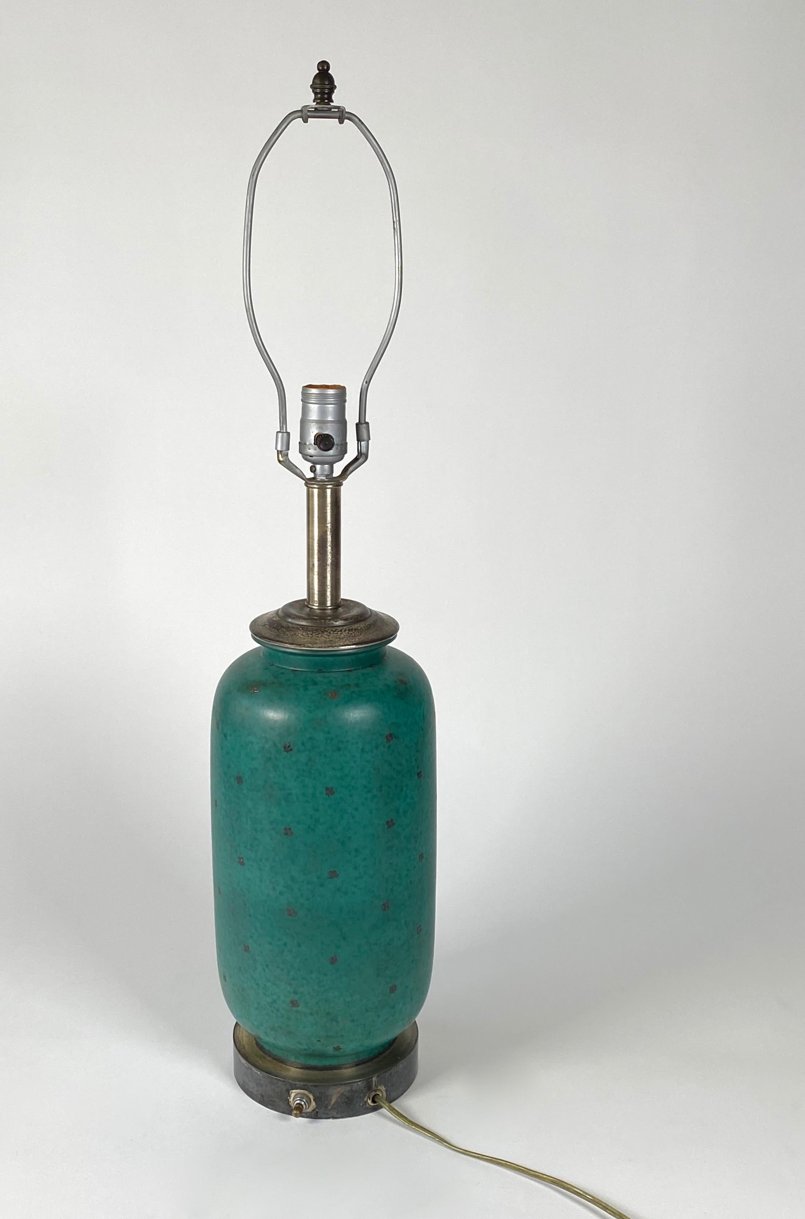 Scandinavian Modern Wilhelm Kage Argenta Green Stoneware & Sterling Silver Table Lamp  