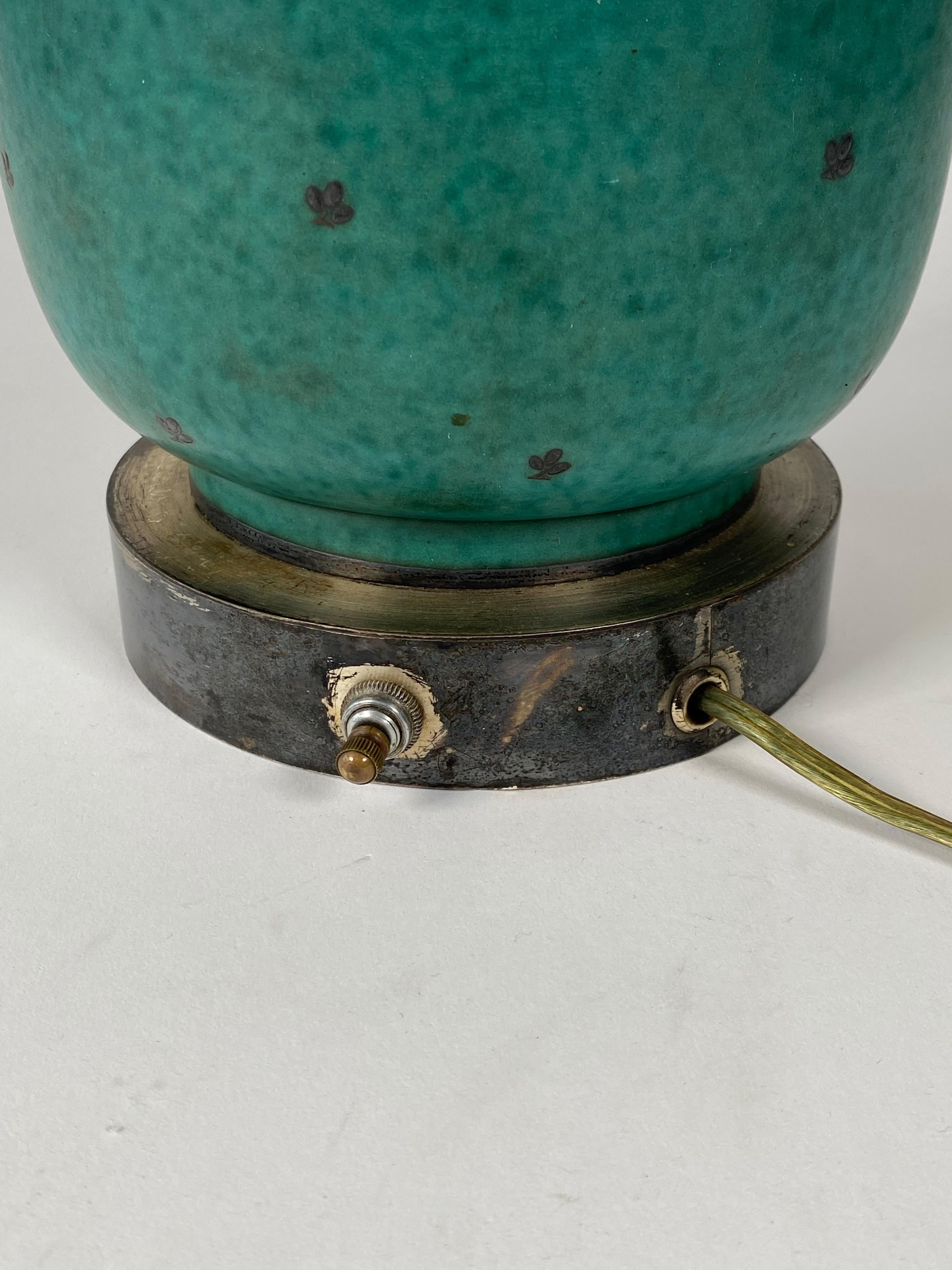 Wilhelm Kage Argenta Green Stoneware & Sterling Silver Table Lamp   In Good Condition In Oakland, CA