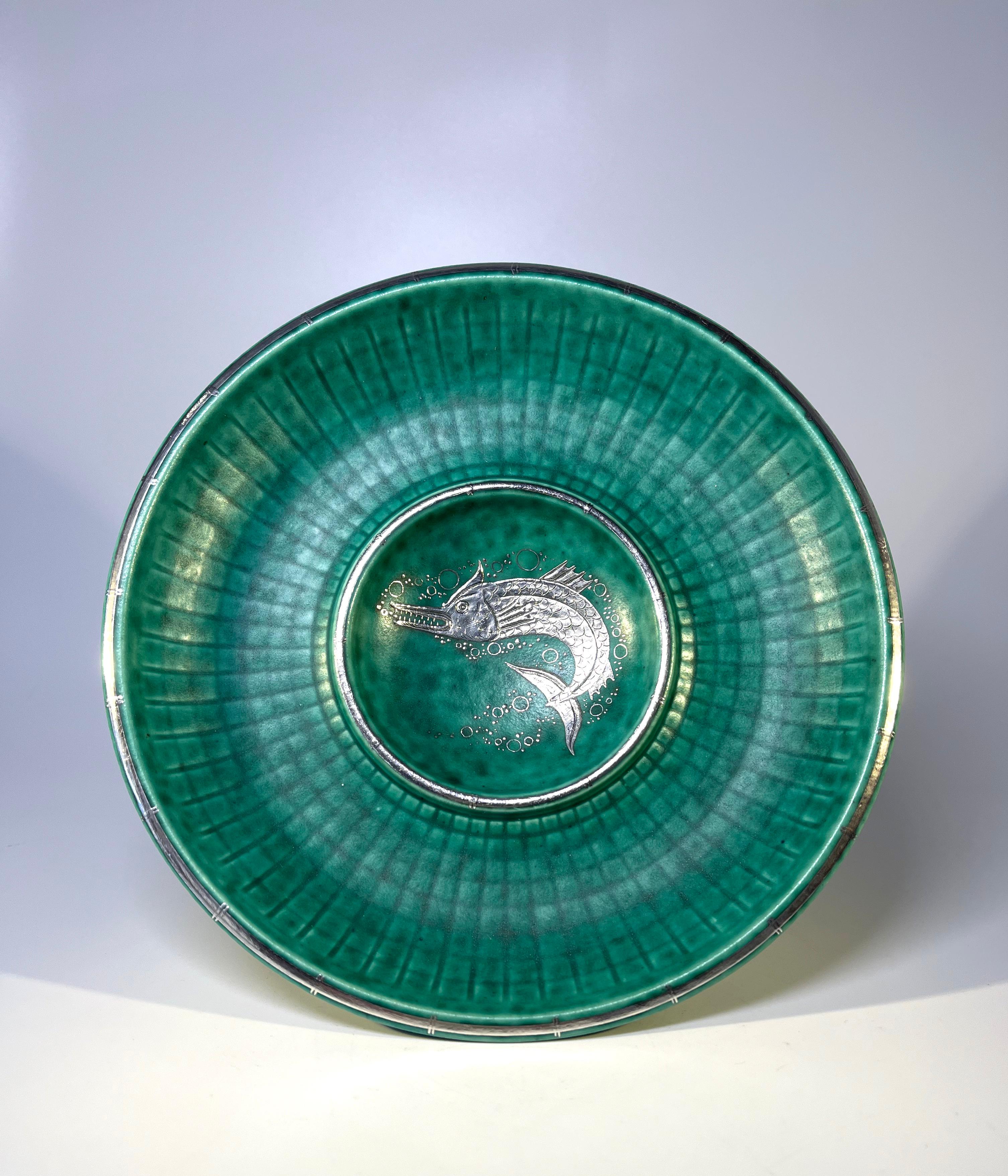 Art Deco Wilhelm Kage, Argenta Gustavsberg, Incised Stoneware Silver Piscine Dish C1940 For Sale