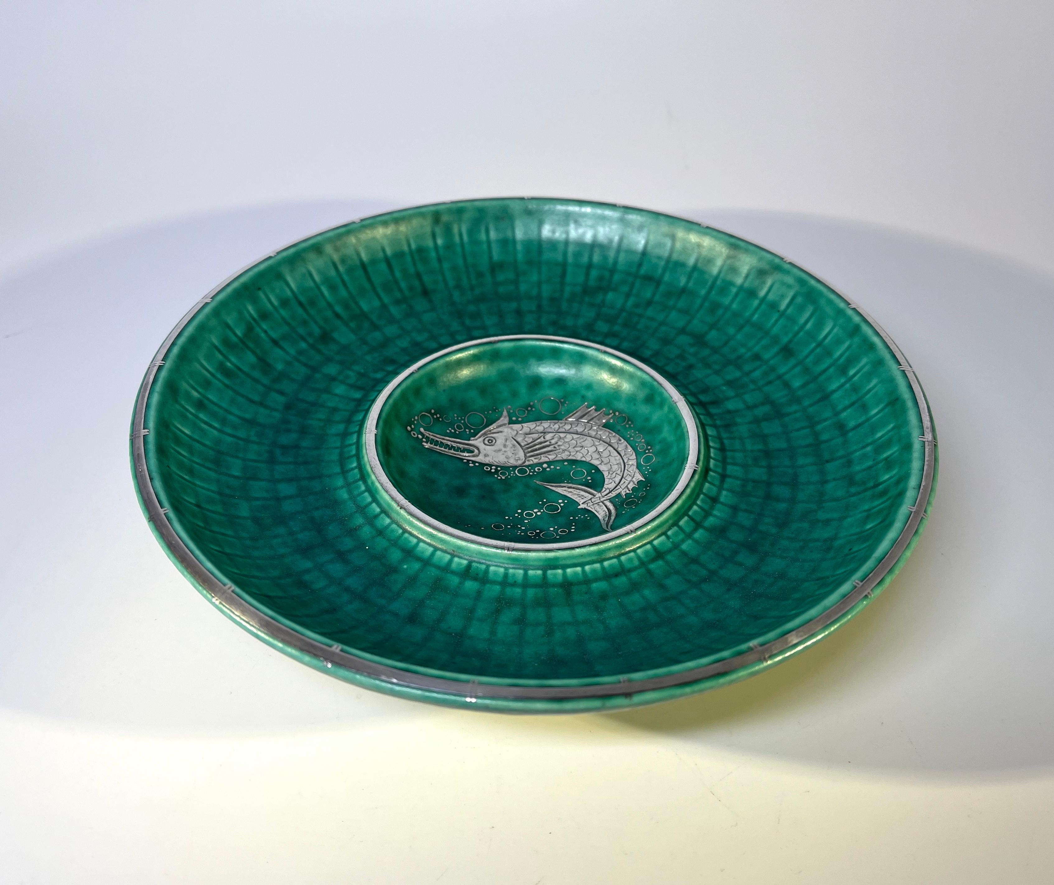 Glazed Wilhelm Kage, Argenta Gustavsberg, Incised Stoneware Silver Piscine Dish C1940 For Sale